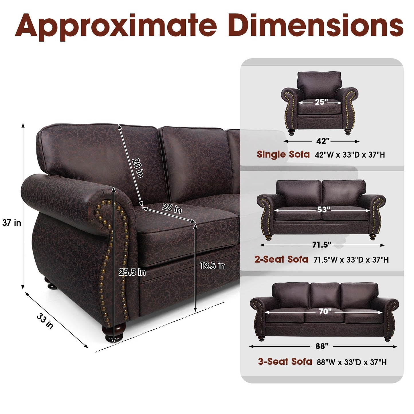 Couchus Living Room Furniture Sets,Sofa Sets and Couch Sets for Living Room,Mid-Century Vintage Sofa Couches with Rivet Design (Brown, Single+Loveseat+3 Seater)