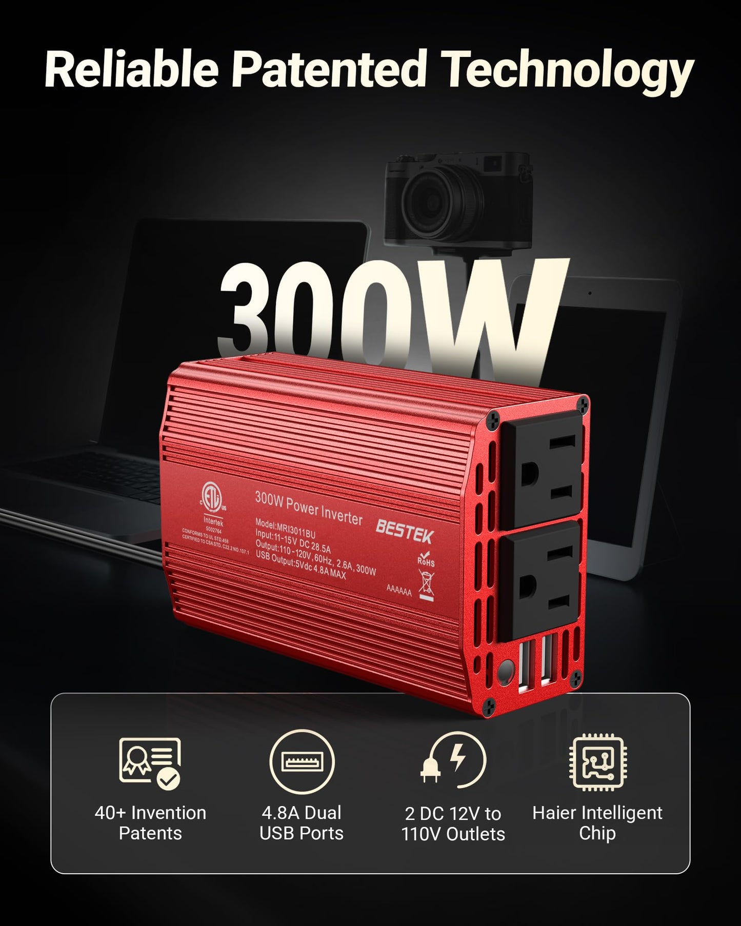 BESTEK Power Inverter DC 12V to AC 110V - 300W Car Plug Adapter Outlet with 4.8A Dual USB Fast Charging Port - Car Charger Cigarette Lighter Adapter for Phone, Laptop on Road Trip - Aluminum Housing