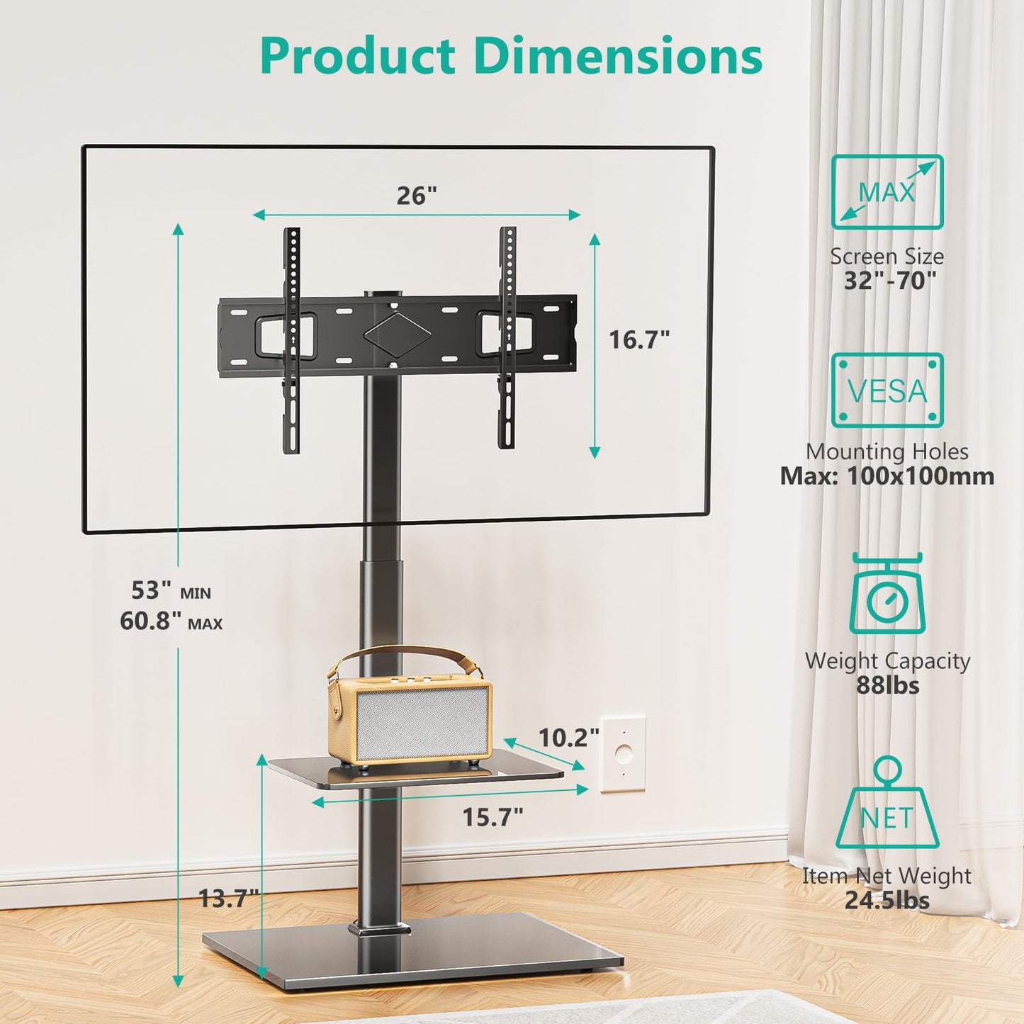 WALI TV Floor Stand for 32-70inch TVs up to 88lbs, Universal Floor TV Stand Mount, Swivel and Height Adjustable Tall TV Stand with Tempered Glass Base and Shelf for Living Room,Bedroom,Office(TVDVD-6)
