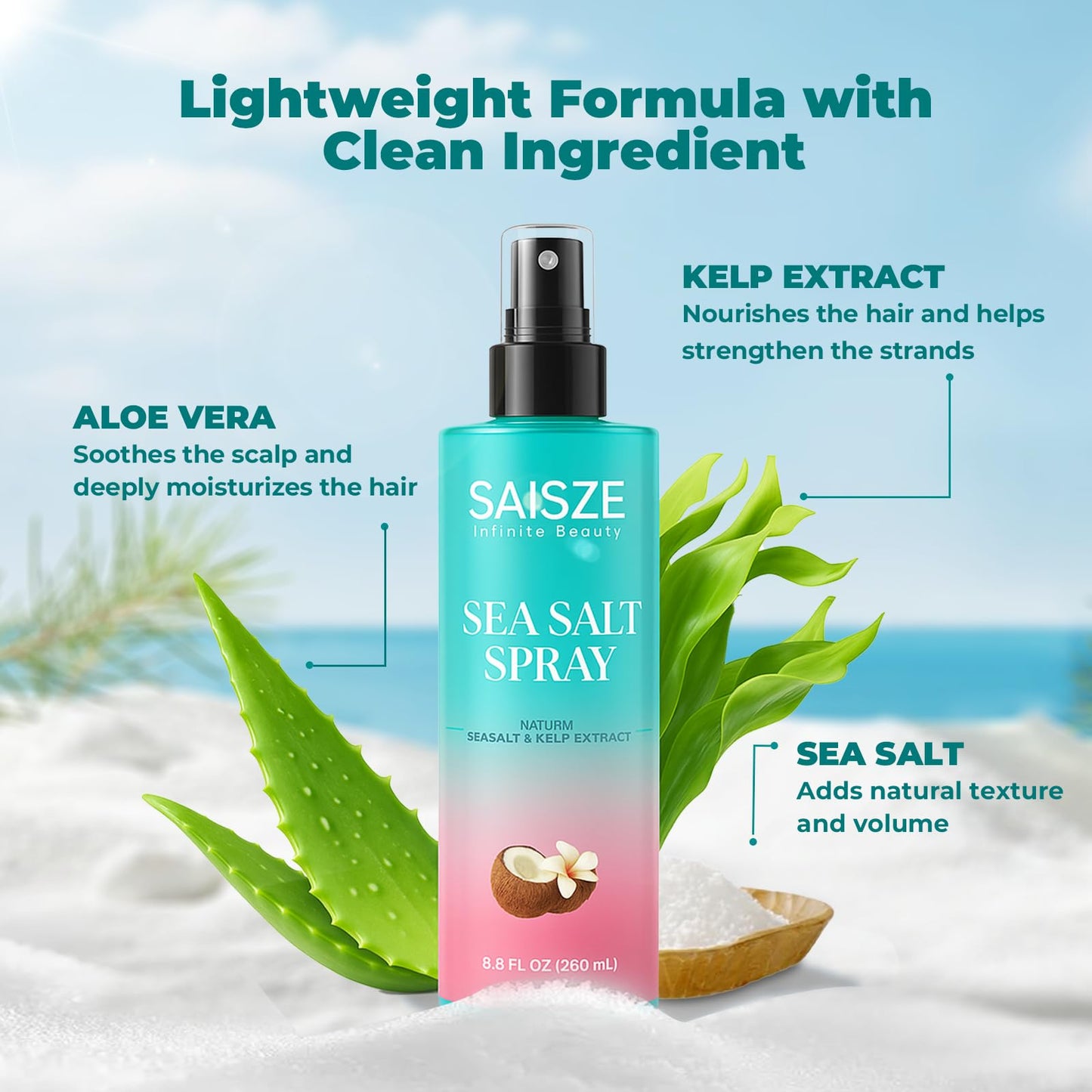 SAISZE Sea Salt Spray for Women and Men, Travel Essentials, Beach Vacation Essentials, Coconut Volumizing Salt Water Spray, Effortlessly Achieve Beach, Wavy and Curly Hair, 8.8 oz