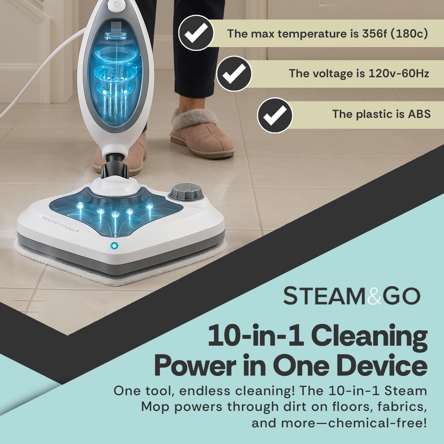 Steam and Go 10-in-1 Steam Mop - Multi-Functional Floor Steamer for Home Use w/Detergent Chamber, Detachable Handle & Handheld Steam Cleaner for Tile, Grout, Hardwood, Upholstery, Carpets & Furniture