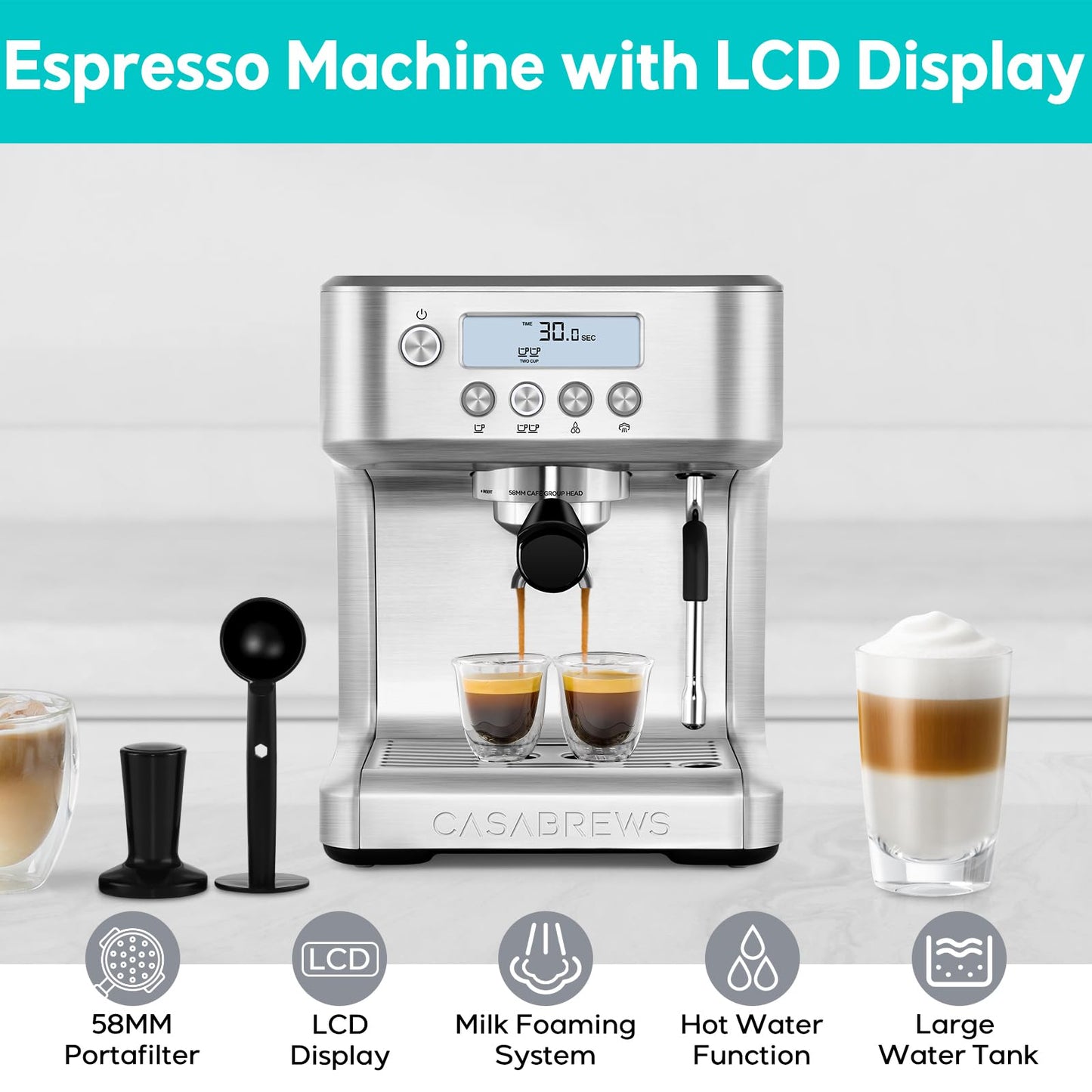 CASABREWS the Ultra Espresso Machine with LCD Display, Powerful Milk Frother and Customizable Brewing Temperature, Provides Barista-Level Lattes and Cappuccinos