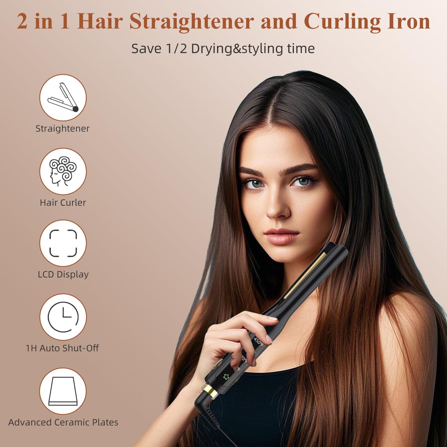 Arhoet Hair Straightener, 1/2 Inch Flat Iron Straightener and Curling Iron 2 in 1, Ceramic Ionic Floating Plates for Less Frizz, 10s Quick Heat Up, Straightener for All Hair Types(Black)