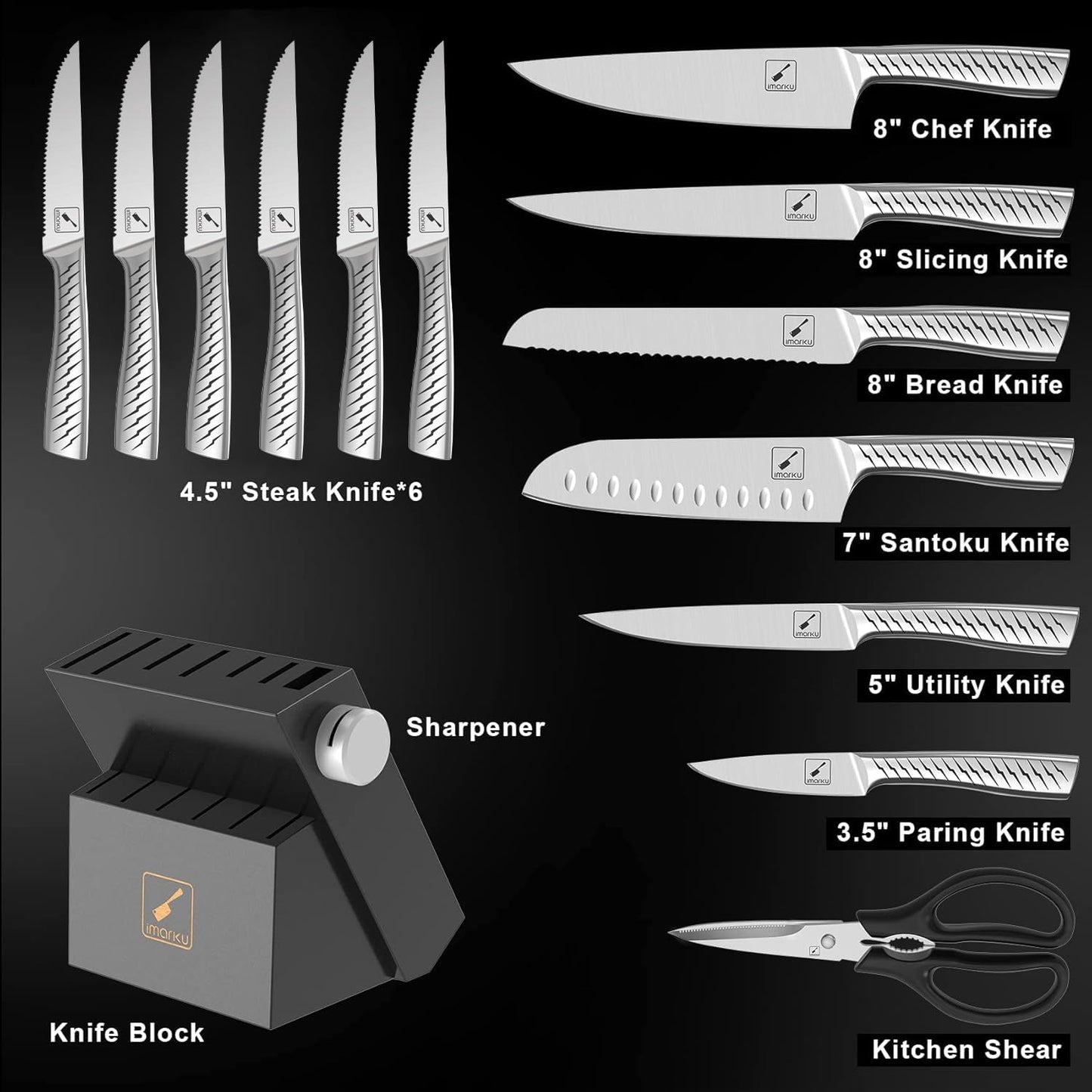 imarku Knife Set,14-Piece Knife Sets for kitchen with block,Premium One-Piece Kitchen Knife Set with Sharpener,High Carbon Stainless Steel Knives Set for Kitchen,Dishwasher Safe,Black