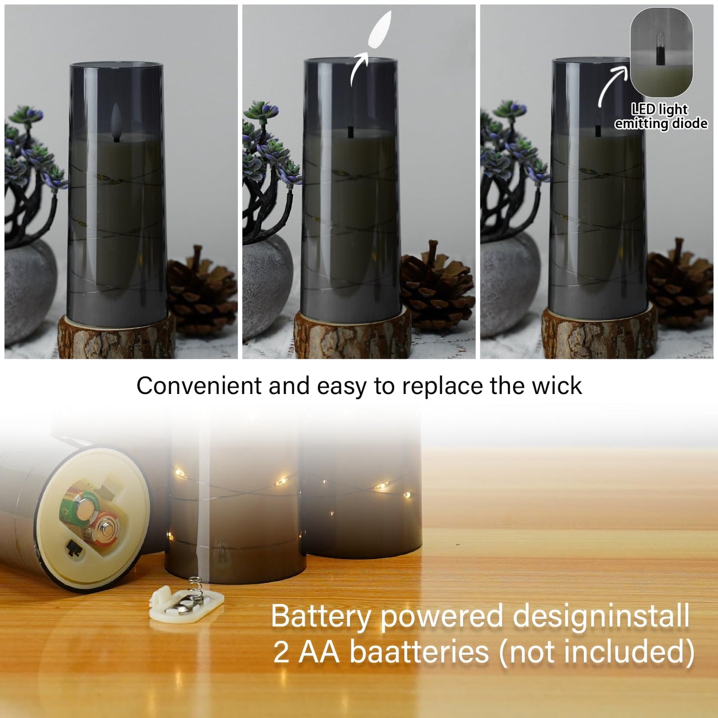 kakoya Flameless LED Candles with Timer 5 Pc Flickering Flameless Candles for Romantic Ambiance and Home Decoration Stable Acrylic Shell,with Embedded Star String,Battery Operated Candles(Grey)