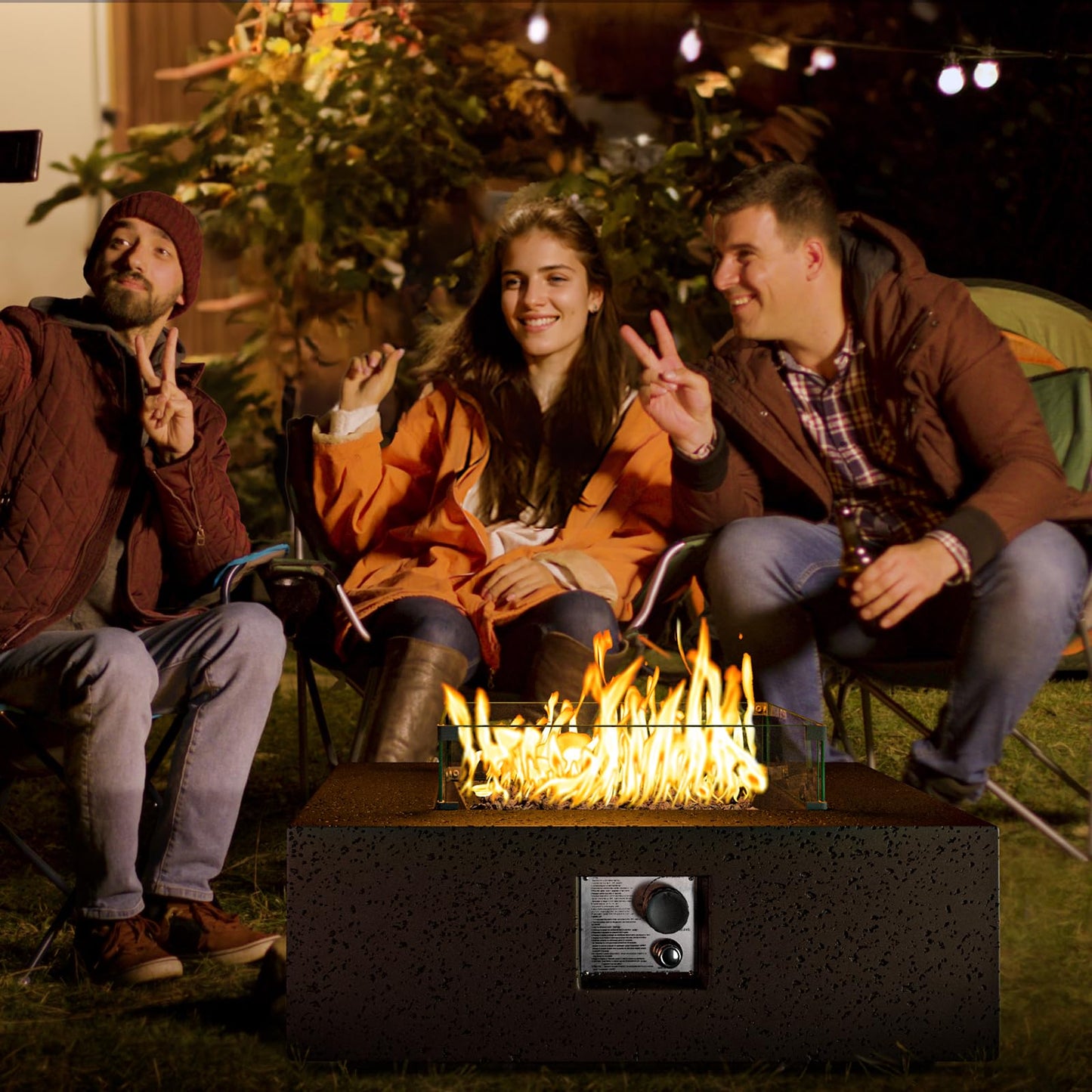 COSIEST Outdoor Propane Fire Pit Coffee Table w Square Faux Stone 35-inch Base, CSA Certified, 50,000 BTU Stainless Steel Burner, Free Lava Rocks and Rain Cover, Wind Guard, Tank Cover, Brown