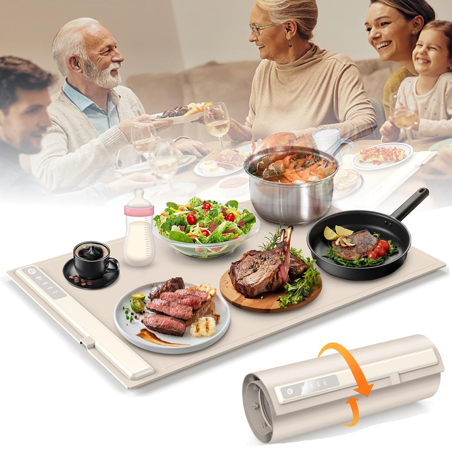 OPYAAON Food Warming Mat Electric Warming Tray: Adjustable Silicone Heating Pad with 3 Temp Settings.Portable Roll Up Hot Plate for Buffets Party Gatherings Kitchen Warmer Countertop Holiday (Cream)