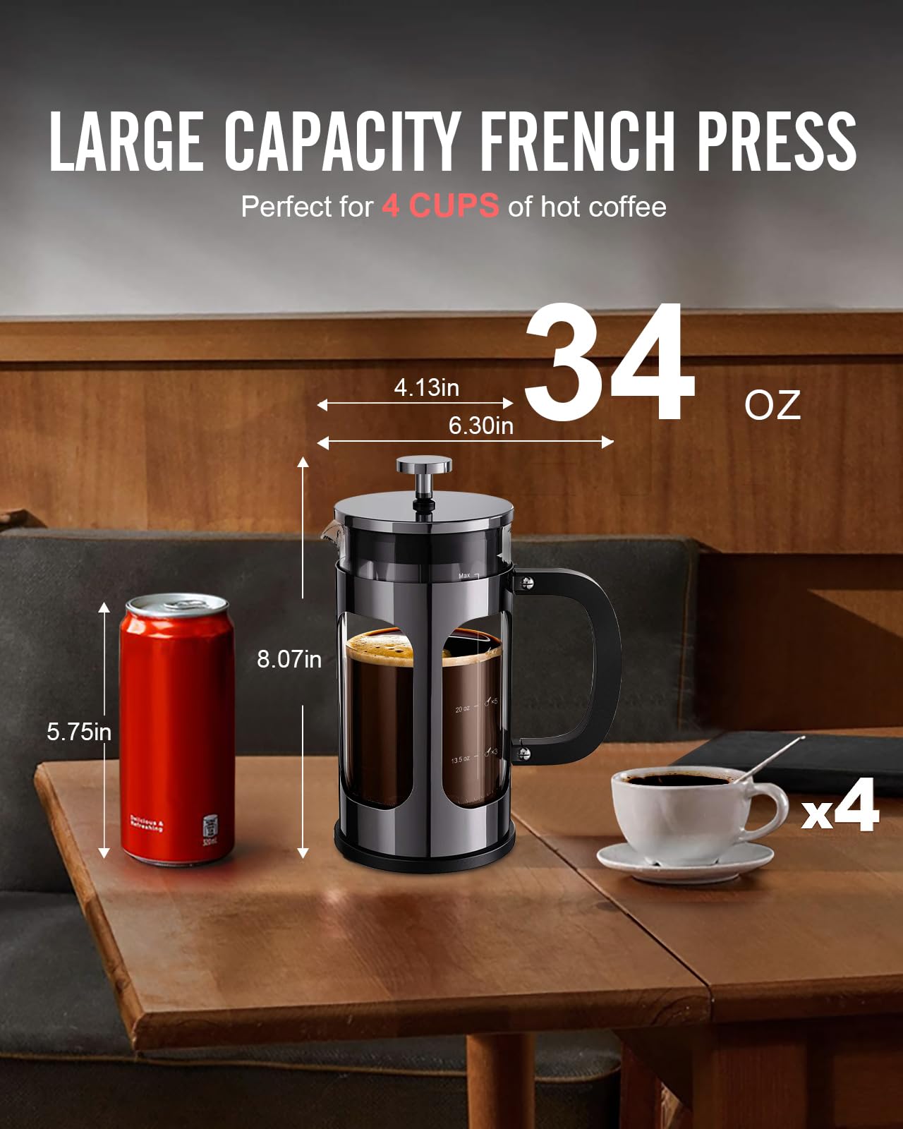 BAYKA French Press Coffee Maker 34 Ounce 1 Liter, Borosilicate Glass Stainless Steel Brewer, Large Portable Cold Brew Cafetera Teapot for Kitchen Travel Camping Coffee Bar Accessories, Dark Pewter