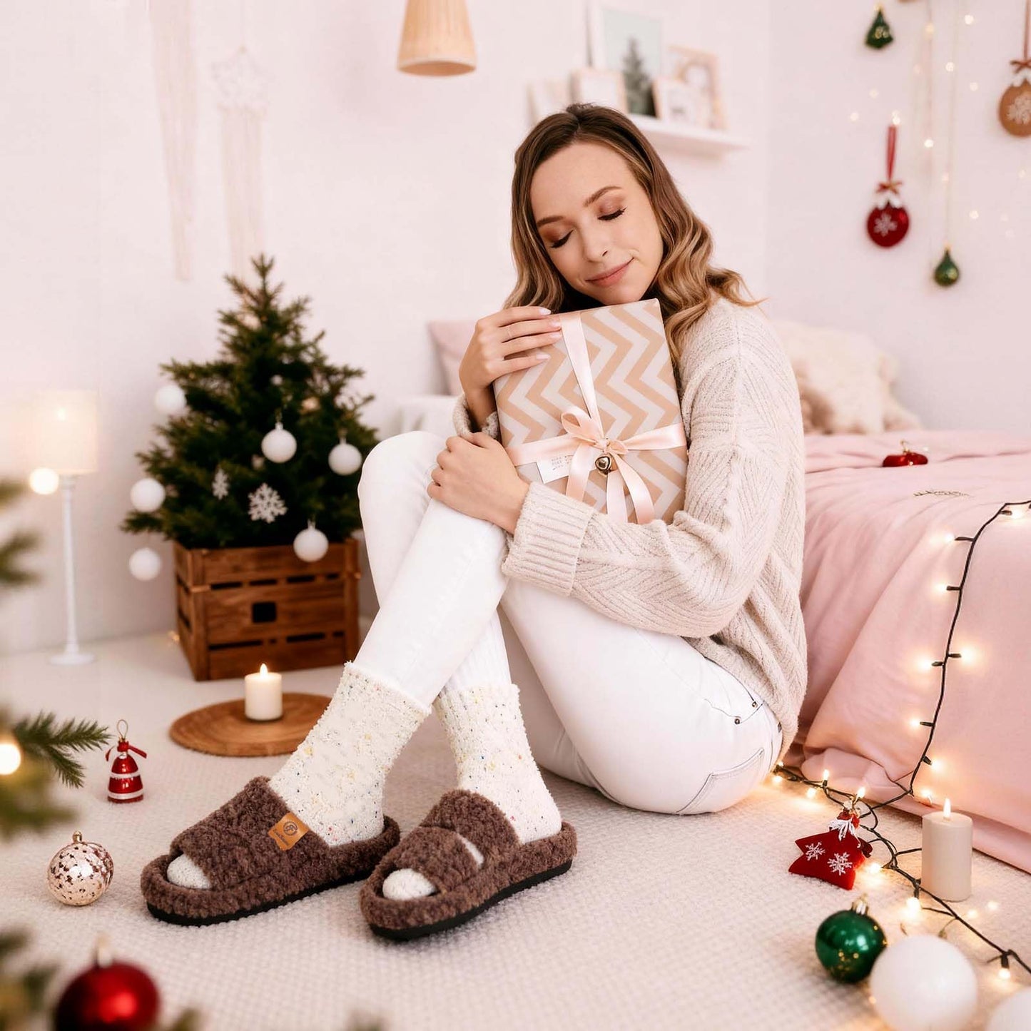 EverFoams Womens Fuzzy Open-toe Slippers Soft Comfy Memory Foam Indoor House Shoes Elegant Mocha, 7-8 US