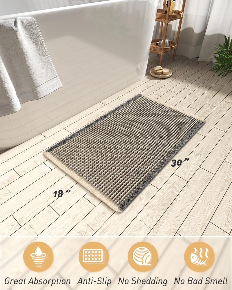 AMOAMI Upgraded Waffle Bath Mat, Super Absorbent Non Slip Bath Mats for Bathroom Floor, Machine Washable Bathroom Rugs with Tassels, Rubber Backed Bathroom Mats, Ultra Soft, 18" x 30"