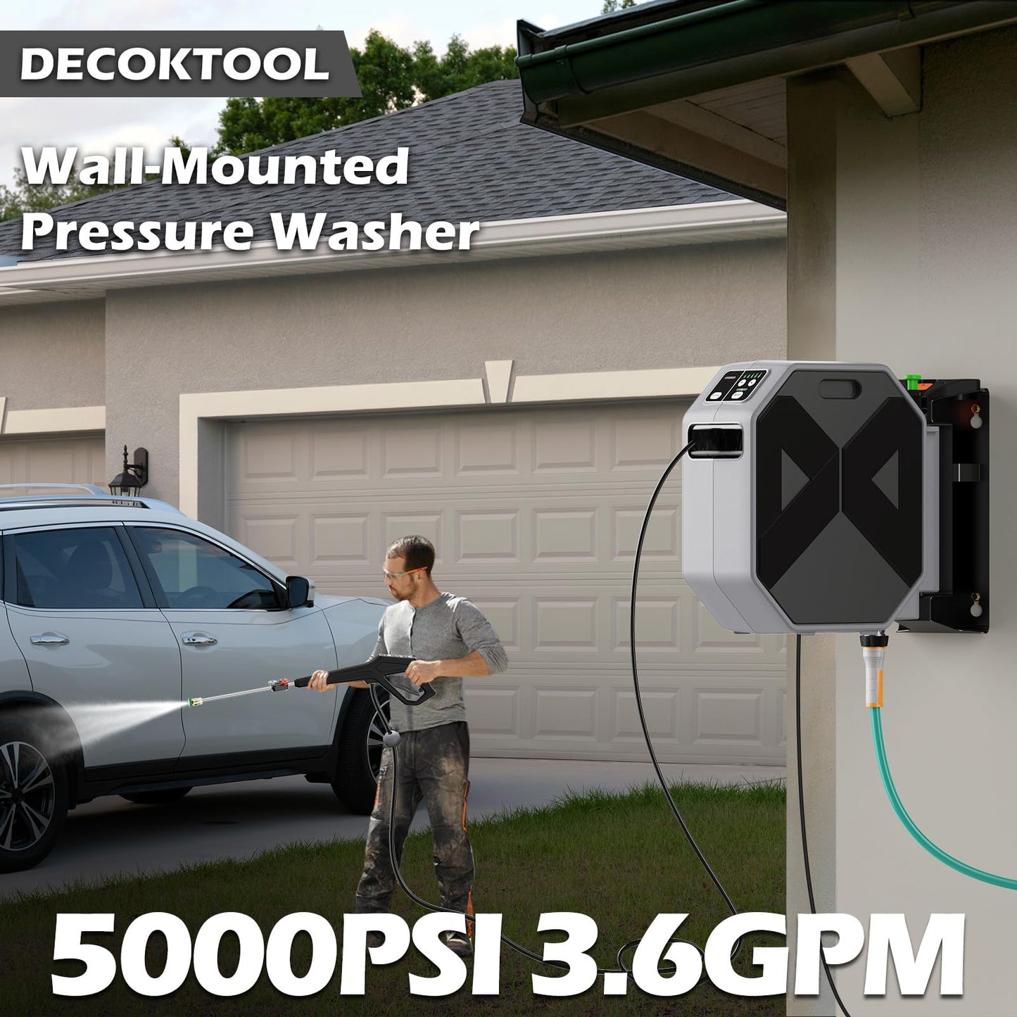 DECOKTOOL Wall Mounted Pressure Washer - 5000 PSI, 3.6 GPM Electric Power Washer with 100FT Retractable Hose, 5-Stage Adjustable Pressure, Foam Cannon & 5 Nozzles for Car, Lane, Patio Cleaning, Black