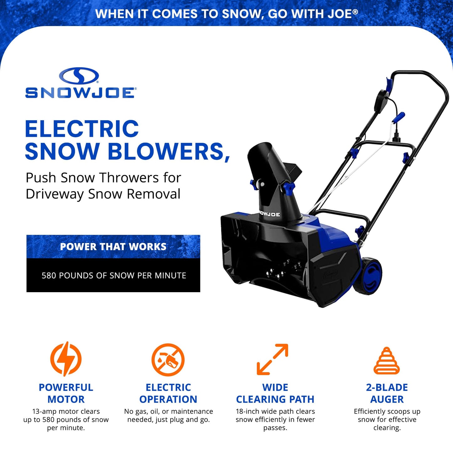 Snow Joe Electric Snow Blower, Push Snow Thrower for Driveway Snow Removal, Blue