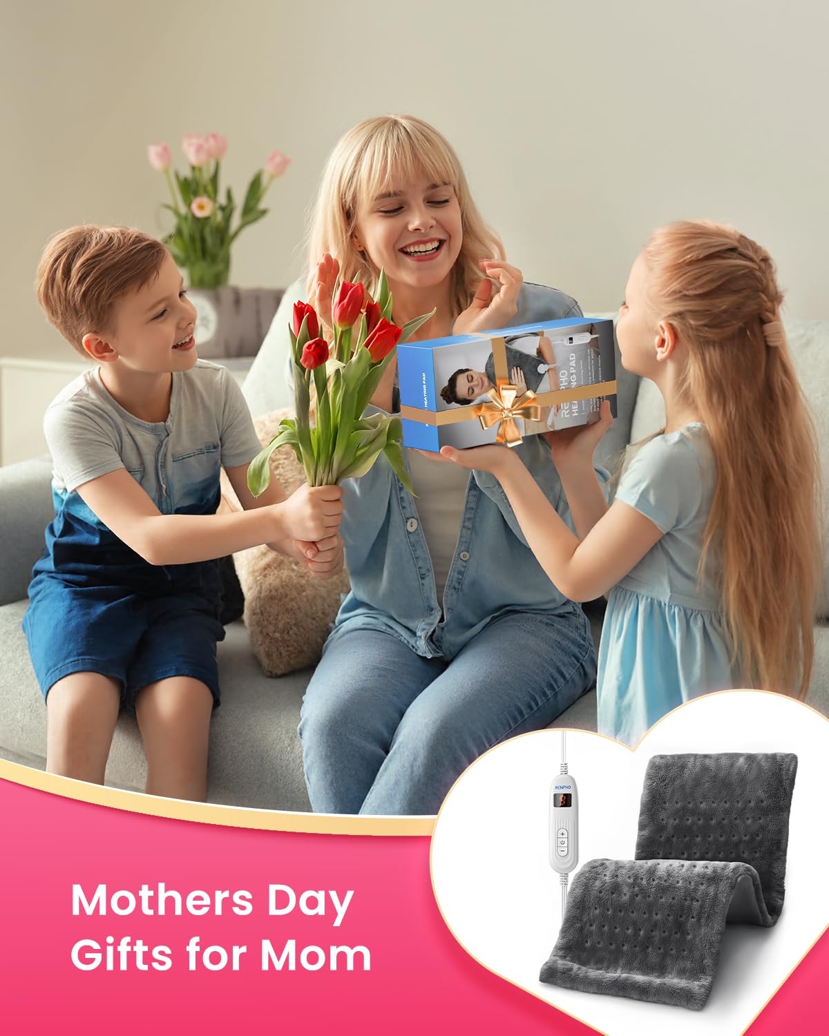 Fathers Day Dad Gifts, RENPHO Heating Pad for Back Pain Relief & Period Cramps, FSA HSA Eligible, 12" x24‘’ Electric Heat Pad for Neck and Shoulder, Birthday Gifts for Men, ETL Certified (Gray)