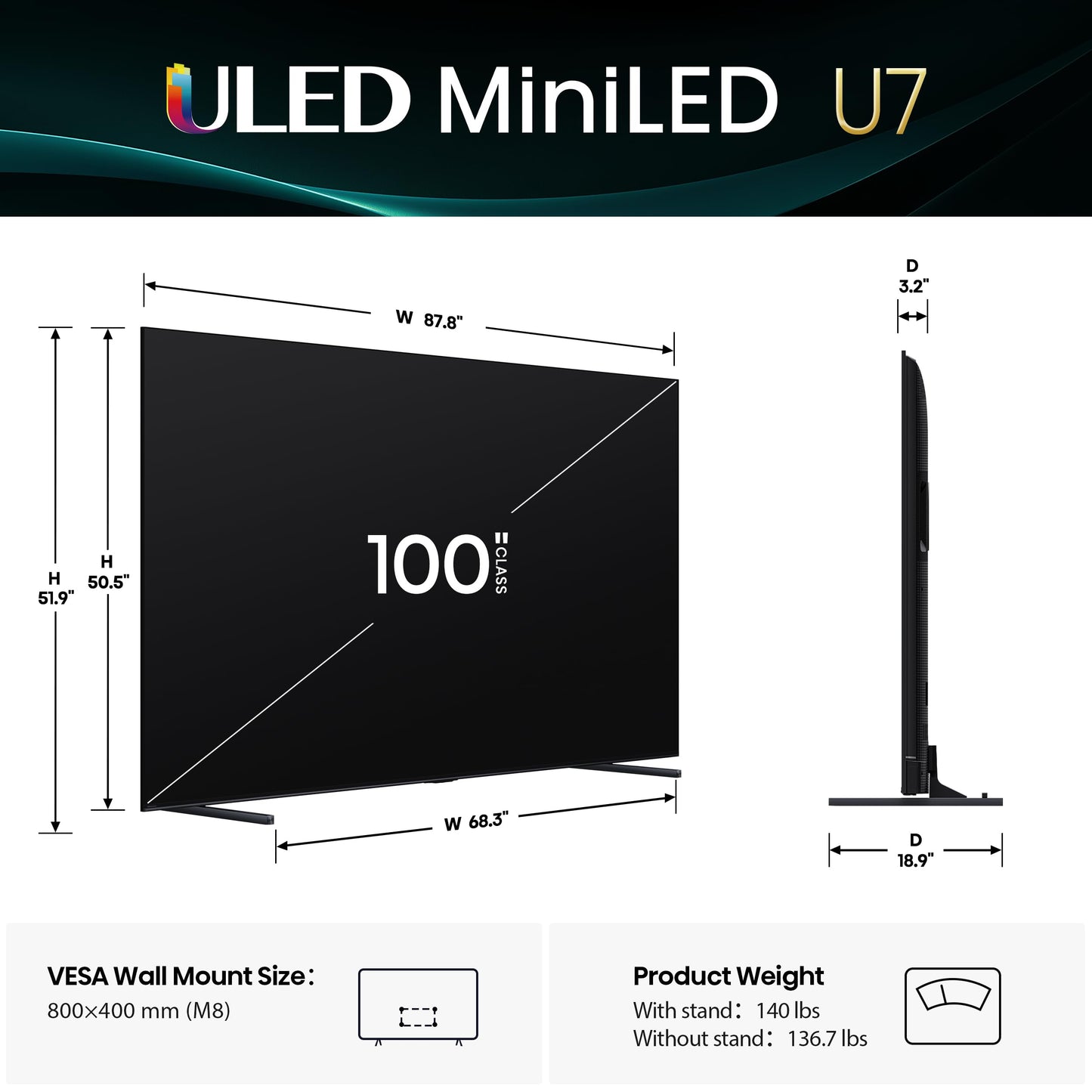 Hisense 100" Class U7 Mini-LED ULED 4K UHD Google Smart TV (100U75QG, 2025 Model) - QLED, Native 165Hz, VRR 288, Up to 3000 Nits, HDR10+, Dolby Vision IQ · Atmos, IMAX Enhanced, 2.1.2 Ch Surround