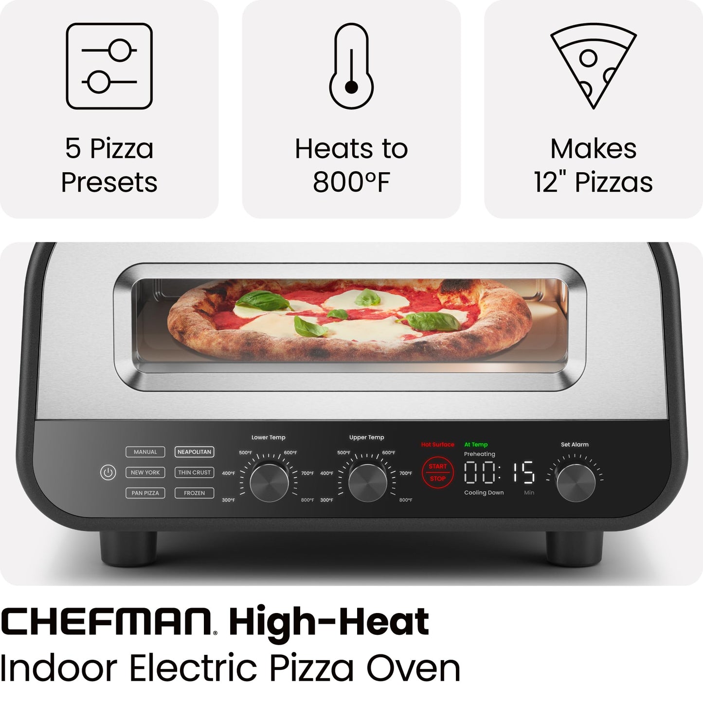 CHEFMAN Indoor Pizza Oven - Makes 12 Inch Pizzas in Minutes, Heats up to 800°F - Countertop Electric Pizza Maker with 5 Touchscreen Presets, Pizza Stone and Peel Included - Stainless Steel