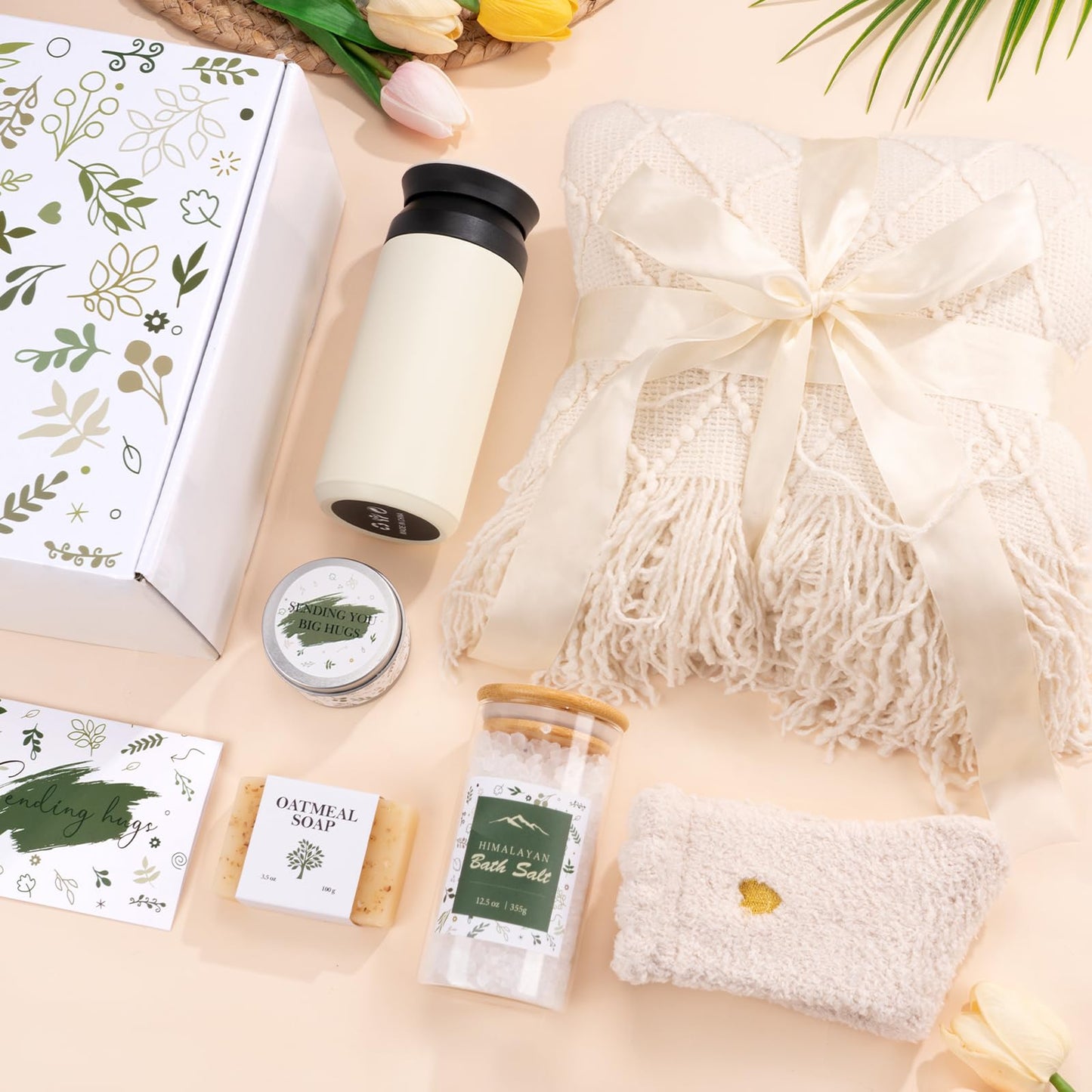 Self Care Gifts for Women, Get Well Gifts for Women, Sympathy Gift Baskets, Get Well Soon Care Package, Encouragement Inspirational Gift Baskets, Sending Hug (Ivory)