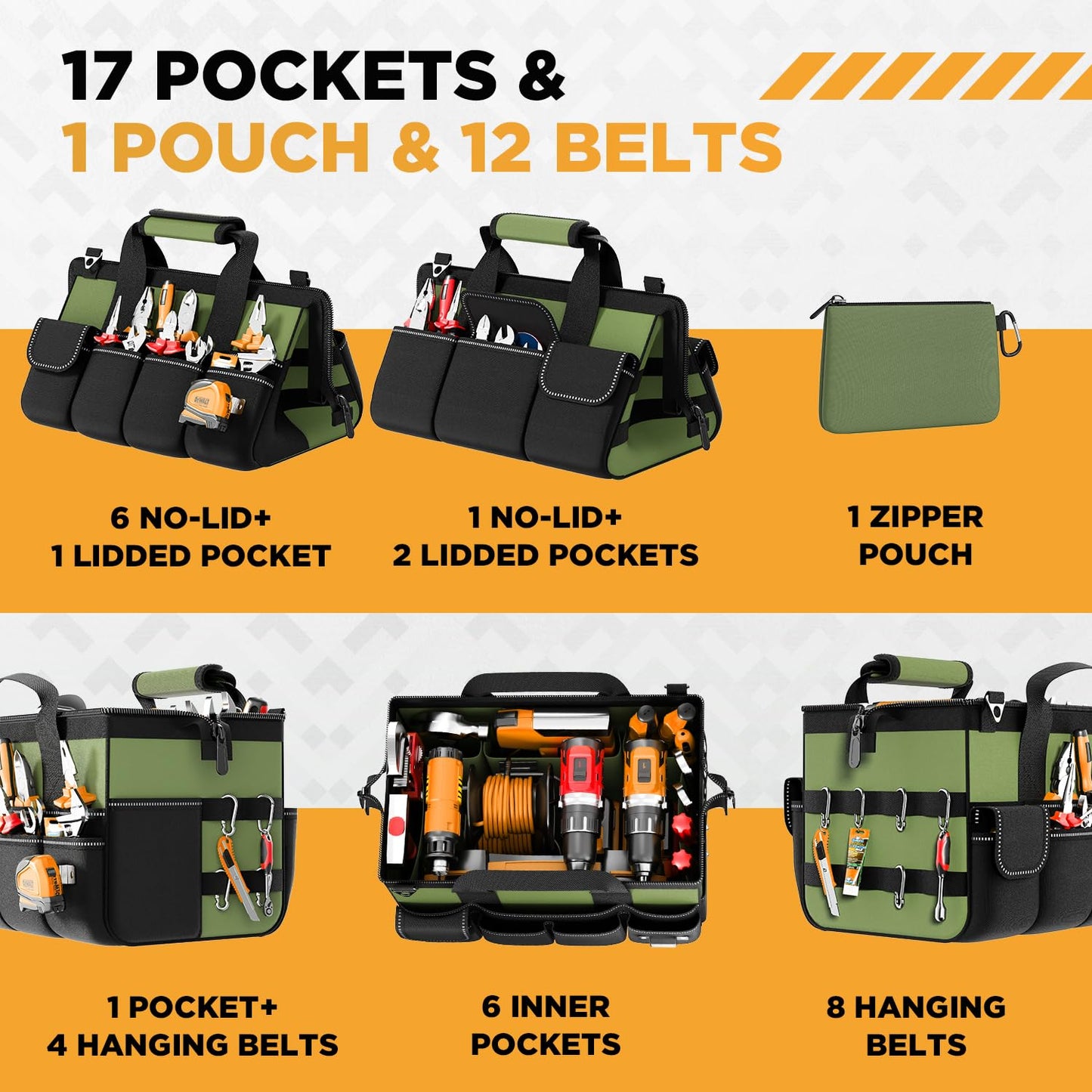 Goovilla Tool Bag 15.5 Inch with 1 Pouch | 17-Pocket Portable Tool Box Organizer Storage with Adjustable Strap, Soft Handle and Durable Zipper | Heavy Duty Tool Bags for Men, Father’s Day (Green)