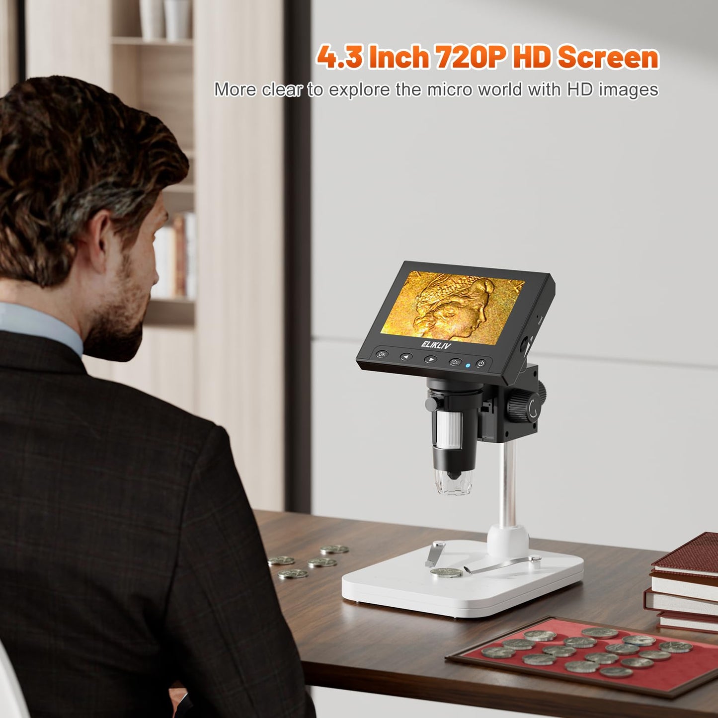 Elikliv Microscope, LCD Digital Coin Microscope 1000x, Coin Magnifier with 8 Adjustable LED Lights, PC View Compatible with Windows/MacBook, EDM4, 4.3-Inch