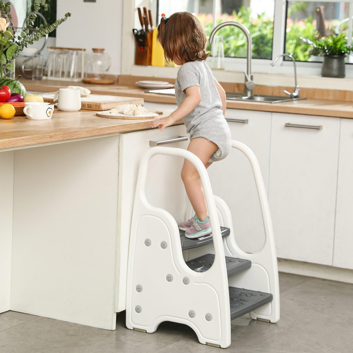 Toddler Step Stool for Bathroom Sink,Adjustable 3 Step Stool for Kids,Kitchen Standing Tower,Children Learning Helper Stool with Safety Handles and Non-Slip Pads,Grey