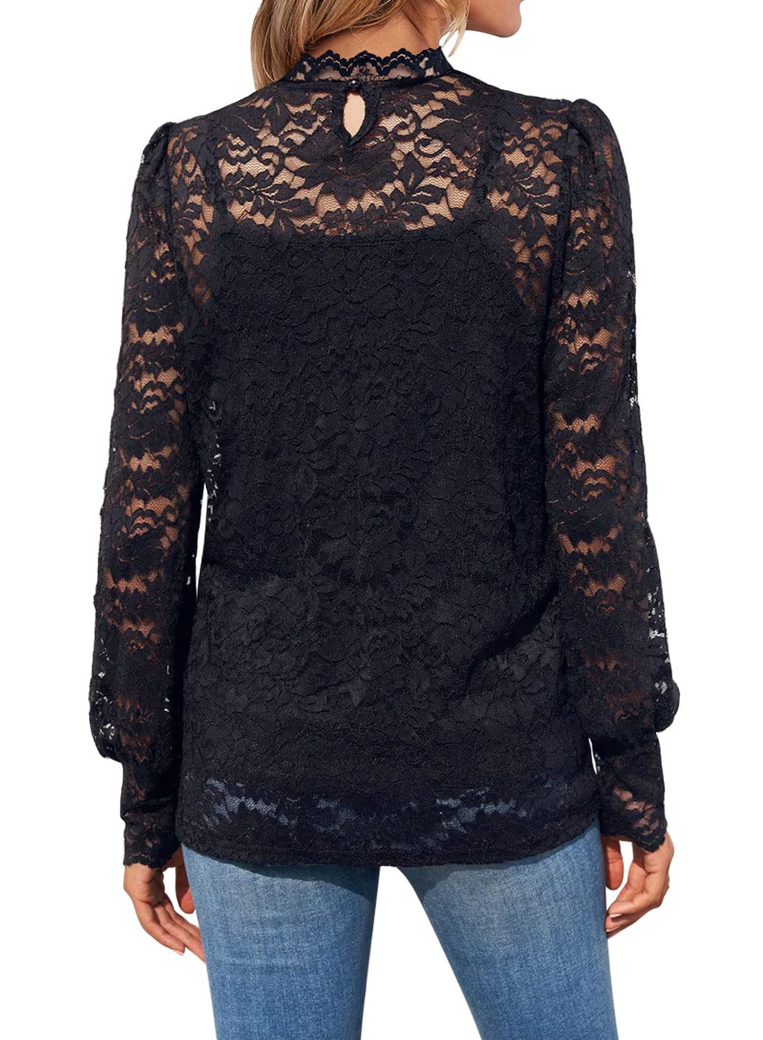 DOROSE Blouses for Women Fashion Fall Tops Puff Sleeve Lace Crochet Shirts Black L