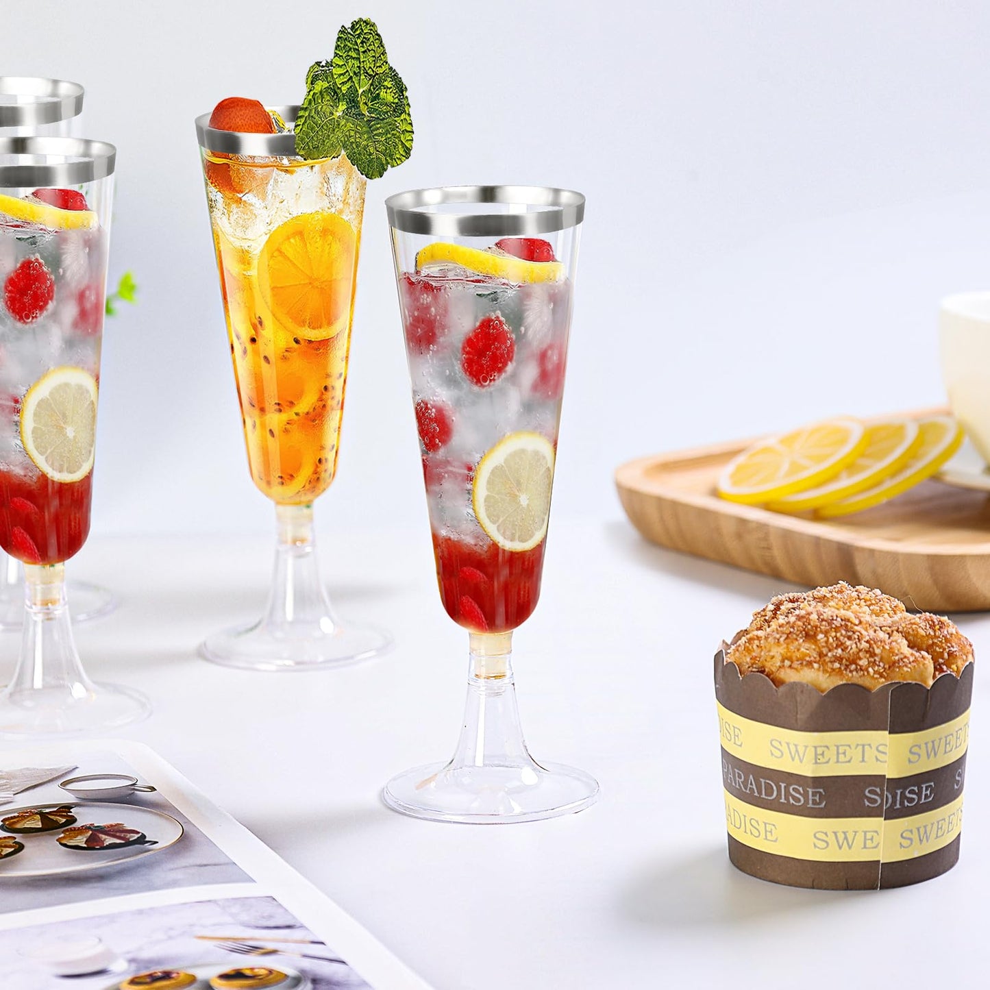 SUREHOME Plastic Champagne Flutes Plastic Mimosa Glasses 40 Pack Silver Rim Glasses, 5.5 Oz Disposable Champagne Glasses Clear Acrylic Wedding Toasting Glasses for Party Cocktail Cups Bulk Supplies