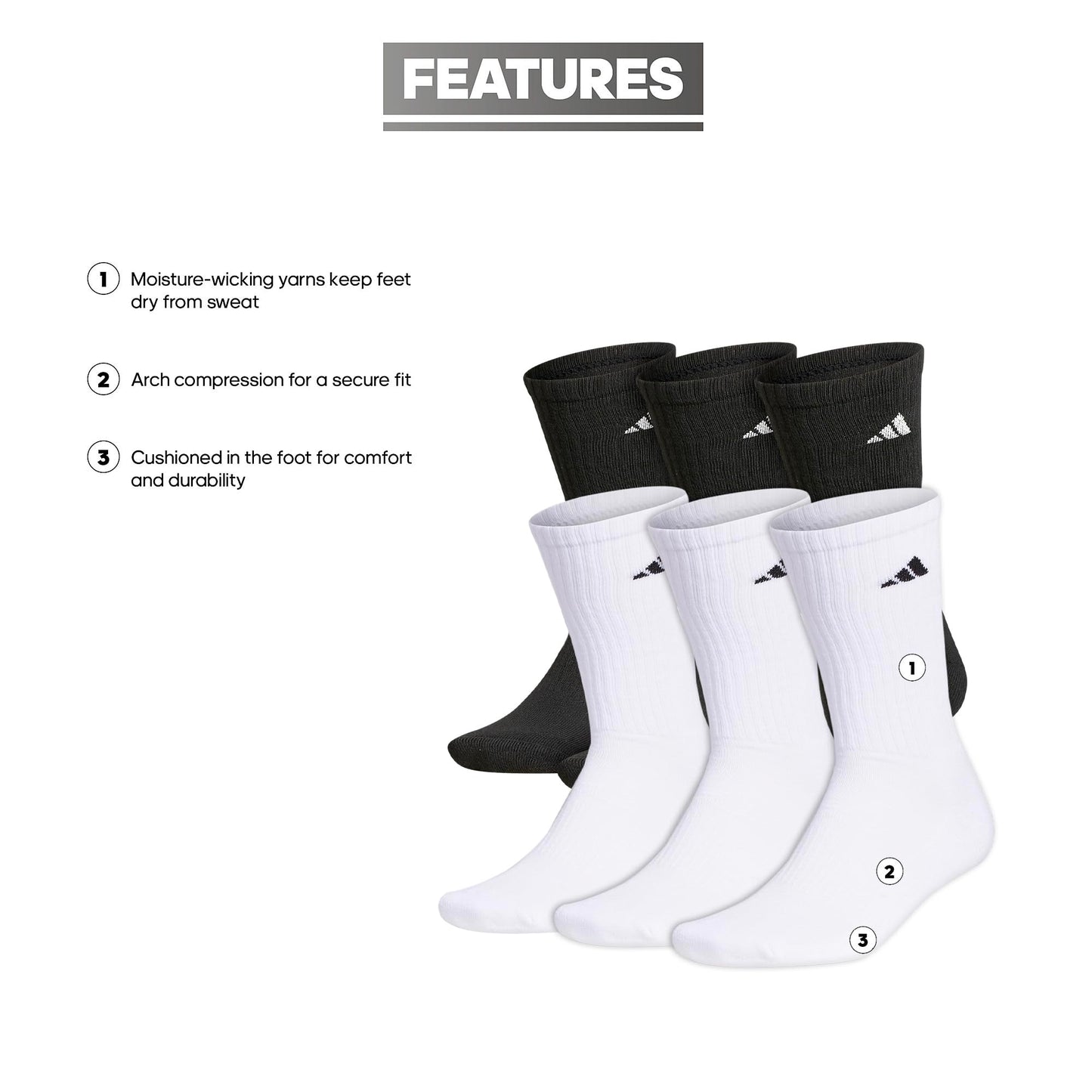 adidas Women's Athletic Cushioned Crew Socks with Arch Support, 6-Pack, Durable, Moisture-Wicking, White/Black/White, Medium