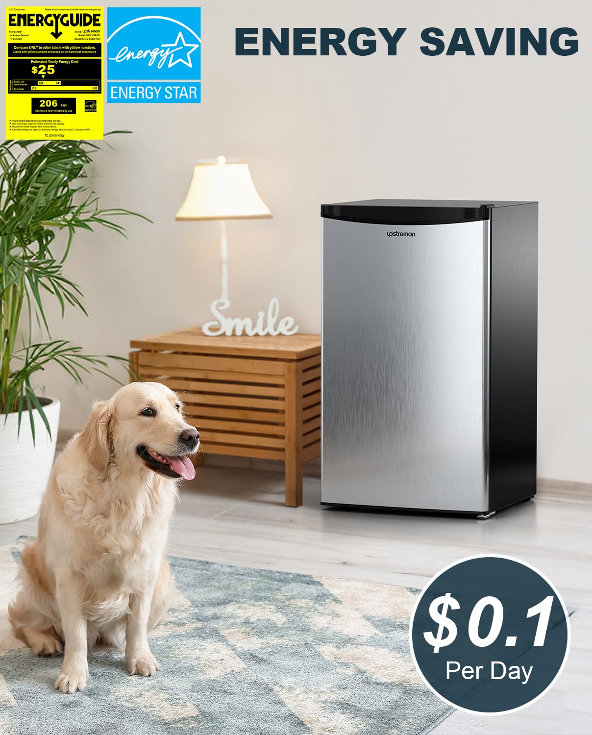 Upstreman 3.2 Cu.Ft Mini Fridge with Freezer, Single Door Mini Fridge, Dorm Fridge, Adjustable Thermostat, Mini Refrigerator for Dorm, Office, Bedroom, Stainless Steel-SR321