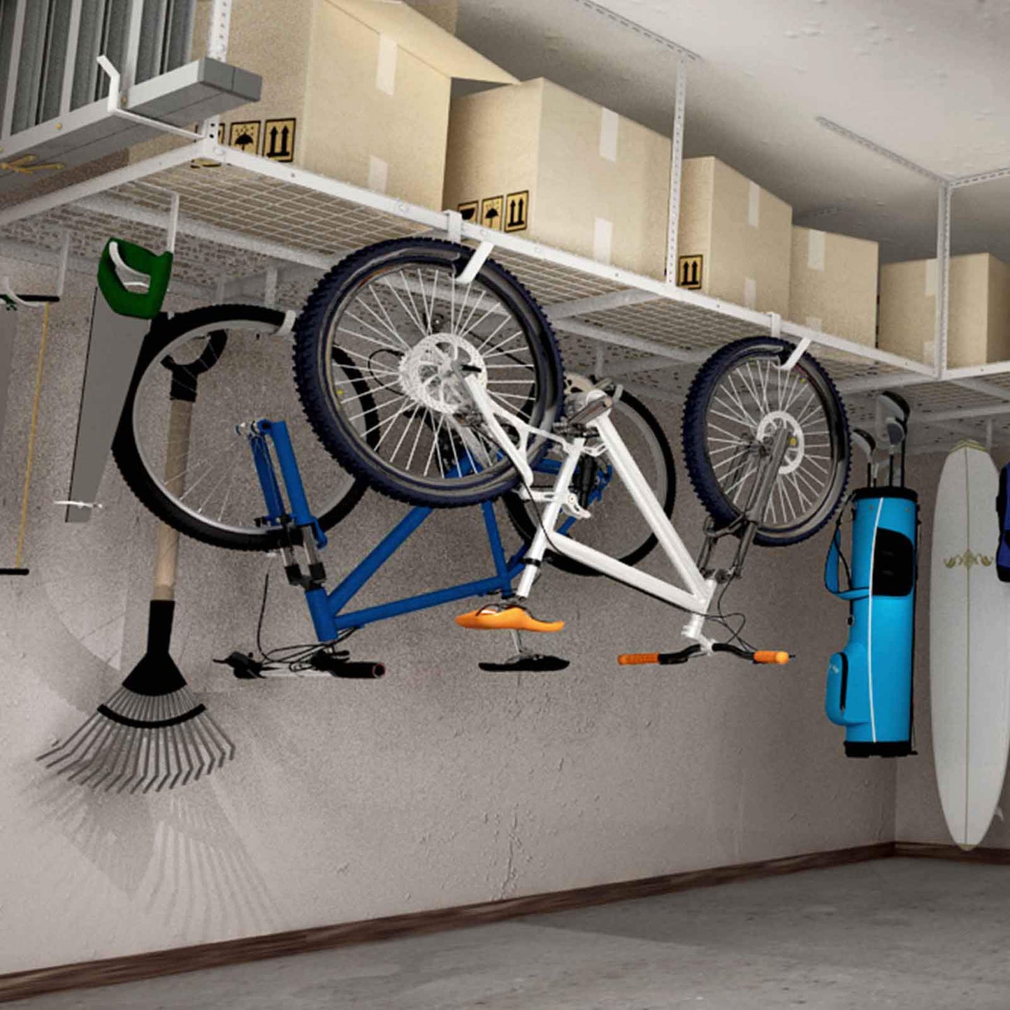 FLEXIMOUNTS 4x8 Overhead Garage Storage Rack, Adjustable Garage Storage Organization System, Heavy Duty Metal Garage Ceiling Storage Racks, 600lbs Weight Capacity, White