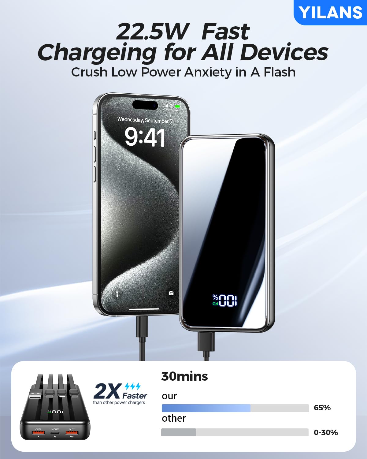 Portable Charger, 42800mAh Power Bank Built-in Cable, 22.5W PD USB C In & Out Fast Charging, External Battery Pack with 6 Output & 2 Input, Travel Phone Charger for iPhone 16/15/14/13/12, Android etc