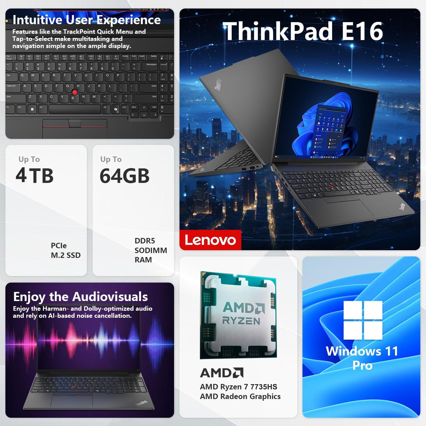 Lenovo ThinkPad E16 Gen 2 Business Laptop Computer, AMD 8-Core Ryzen 7 7735HS (Beat i7-1355U), 32GB DDR5 RAM, 1TB PCIe SSD, 16" FHD+, WiFi 6E, Backlit KB, Fingerprint Reader, Windows 11 Pro, vent-hear