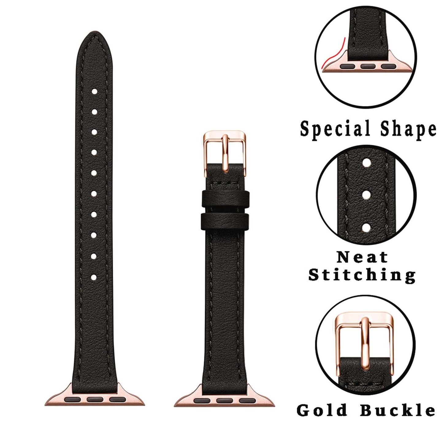 STIROLL Slim Leather Bands Compatible with Apple Watch Band 38mm 40mm 41mm 42mm(Series 11 10), Top Grain Leather Watch Thin Wristband for iWatch SE 9 8 7 6 5 4 3 2 1 (Black Rose Gold)