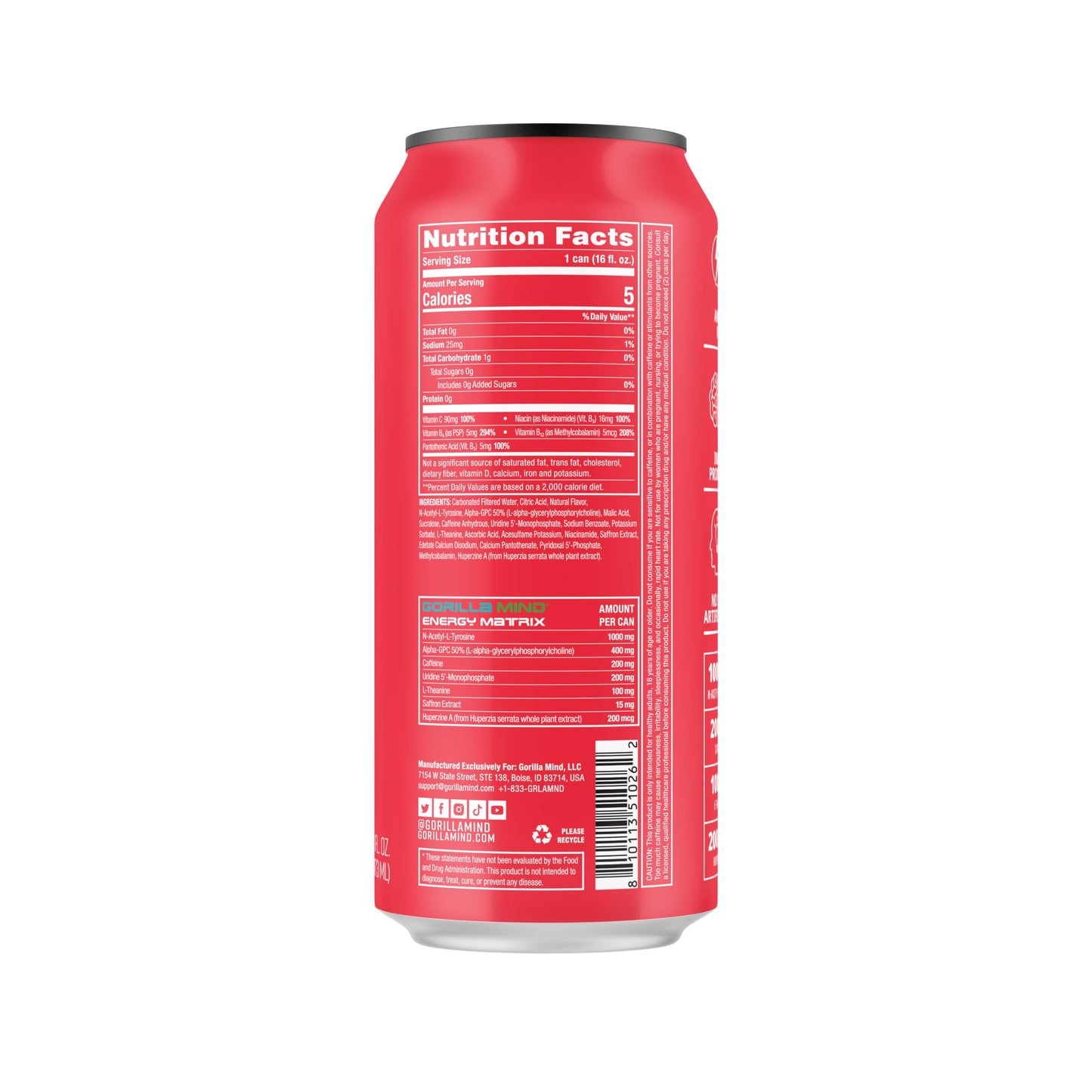 Gorilla Mind Energy Drink | Unmatched Energy · Amplified Focus | N-Acetyl-L-Tyrosine, Alpha-GPC, 200mg Caffeine, Uridine, Saffron | 0 Sugar Or Artificial Colors | 16oz, 12-Pack (Sour Watermelon Candy)
