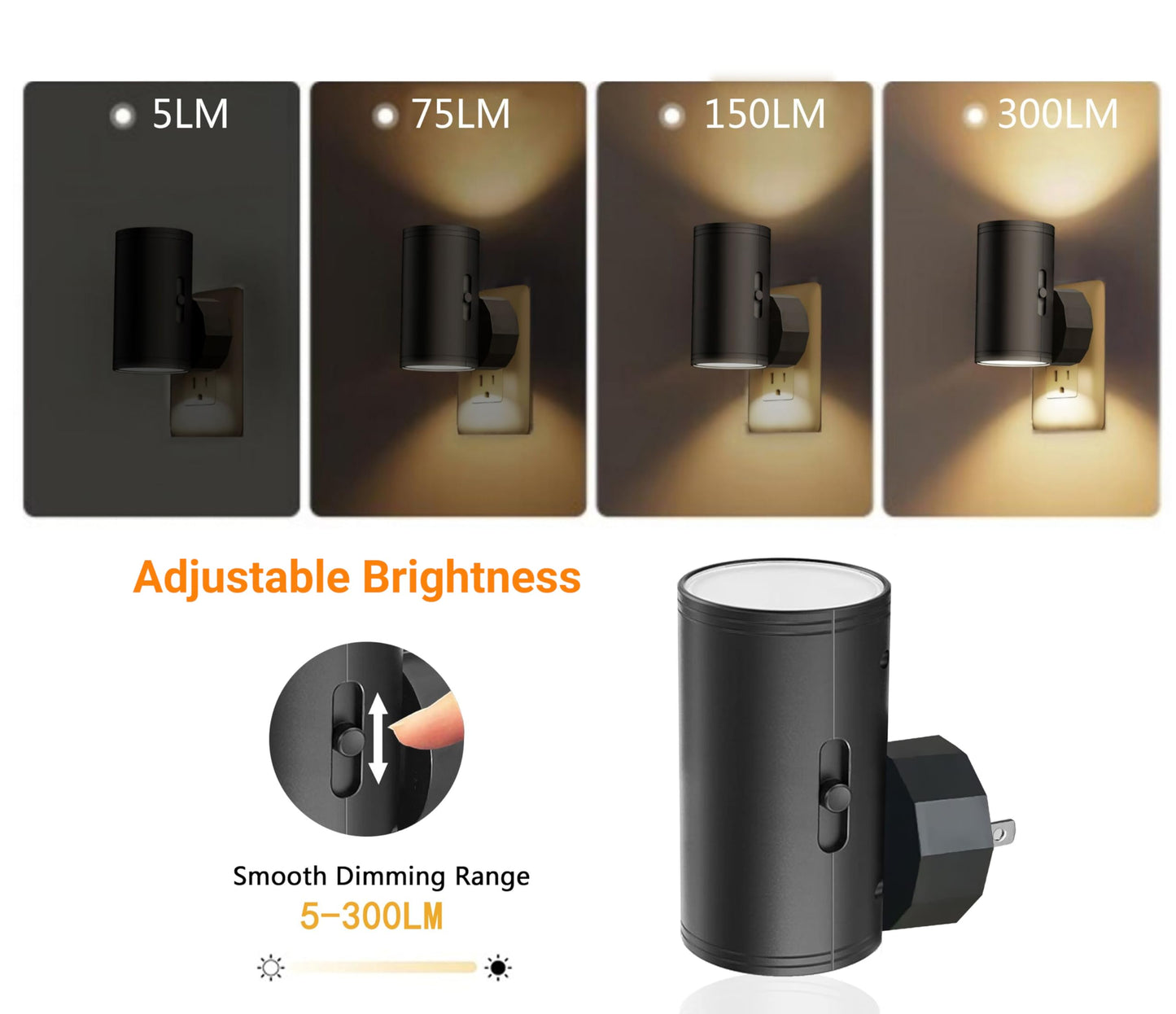 TSEXES 4 Pack LED Night Light Plug in, Dusk to Dawn Sensor,5-300LM Adjustable Brightness, Soft White 3000K,Dimmable Night Lights for Kitchen,Hallway Bedroom,Stairs