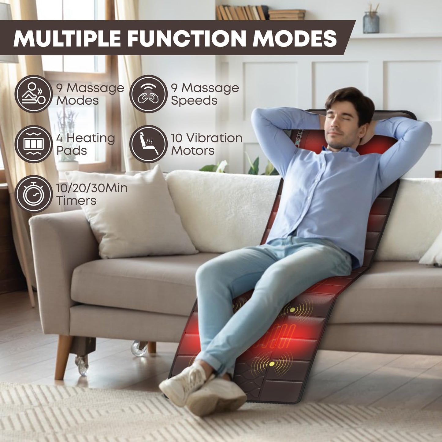 Full-Body-Massage-Mat, 10 Vibrating Motors, 9 Massage Modes and 4 Heating Settings, Movable Neck Massager Heat Back Massager, Massage Chair Full Body