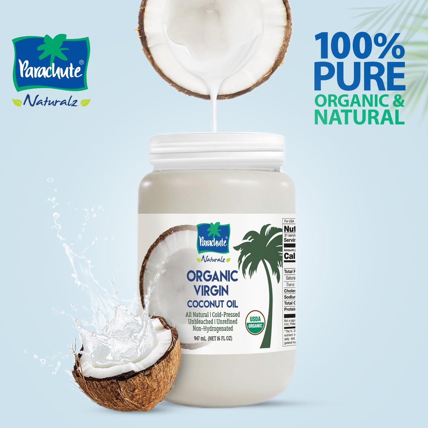 "Parachute Naturalz Organic Virgin Coconut Oil | Cooking Oil, Hair Oil, Body Oil & Oil Pulling | Cold Pressed | Unbleached | Unrefined | Non-Hydrogenated | MCT Oil | USDA Certified | 49 fl oz | Plastic Jar"
