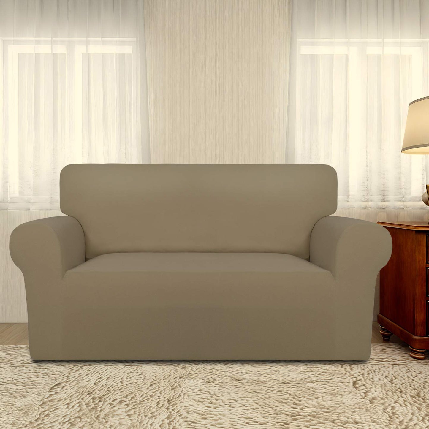 PureFit Super Stretch Sofa Slipcover – Spandex Non Slip Soft Couch Sofa Cover, Washable Furniture Protector with Non Skid Foam and Elastic Bottom for Kids, Pets (Loveseat, Tan)