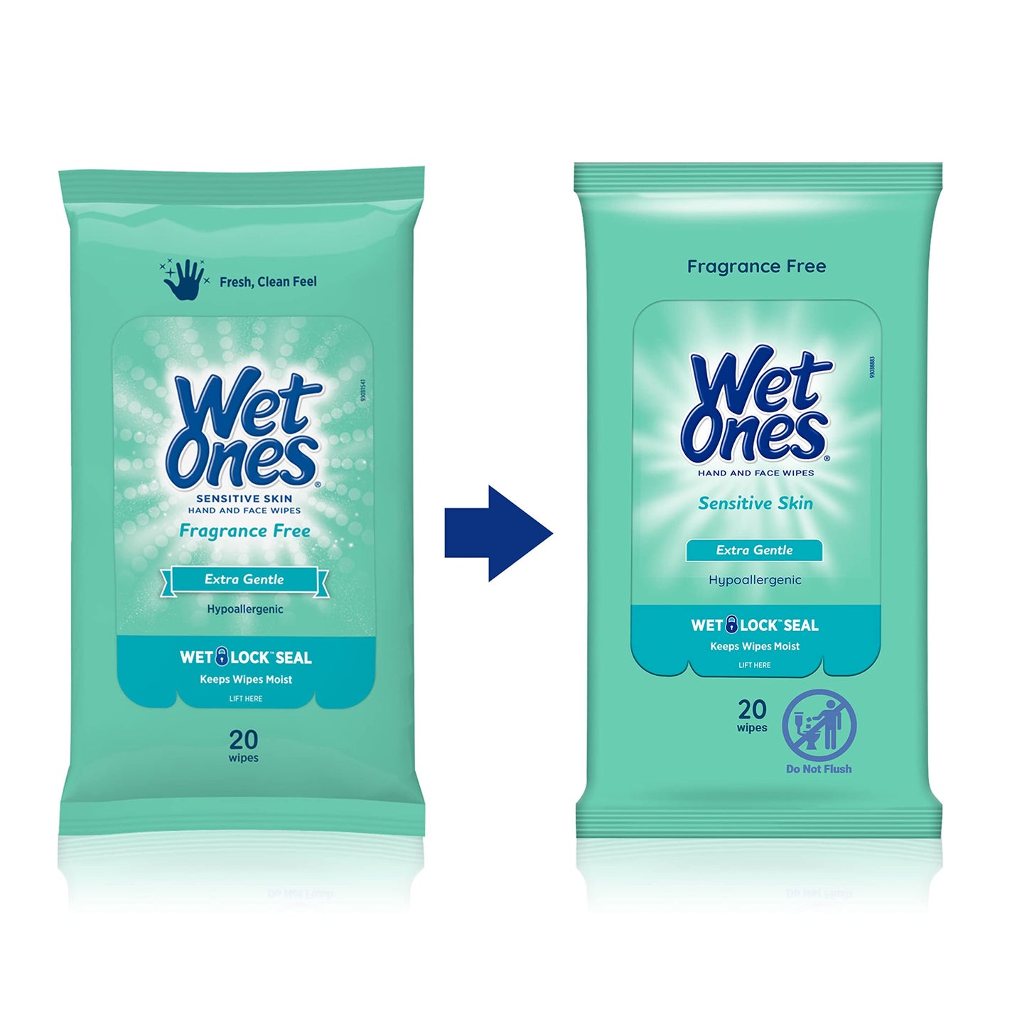 Wet Ones Sensitive Skin Hands and Face Wipes, 20 Count Travel Pack (Pack of 10)