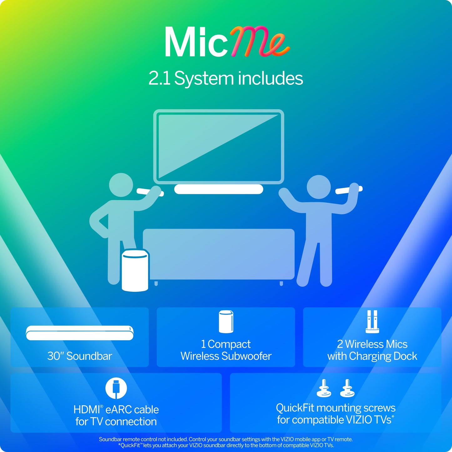VIZIO MicMe 2.1 Karaoke Soundbar, 2 Wireless Microphones, Wireless Subwoofer w/Dolby Atmos, DTS:X, Bluetooth Speaker — SK210X-0805 (New)