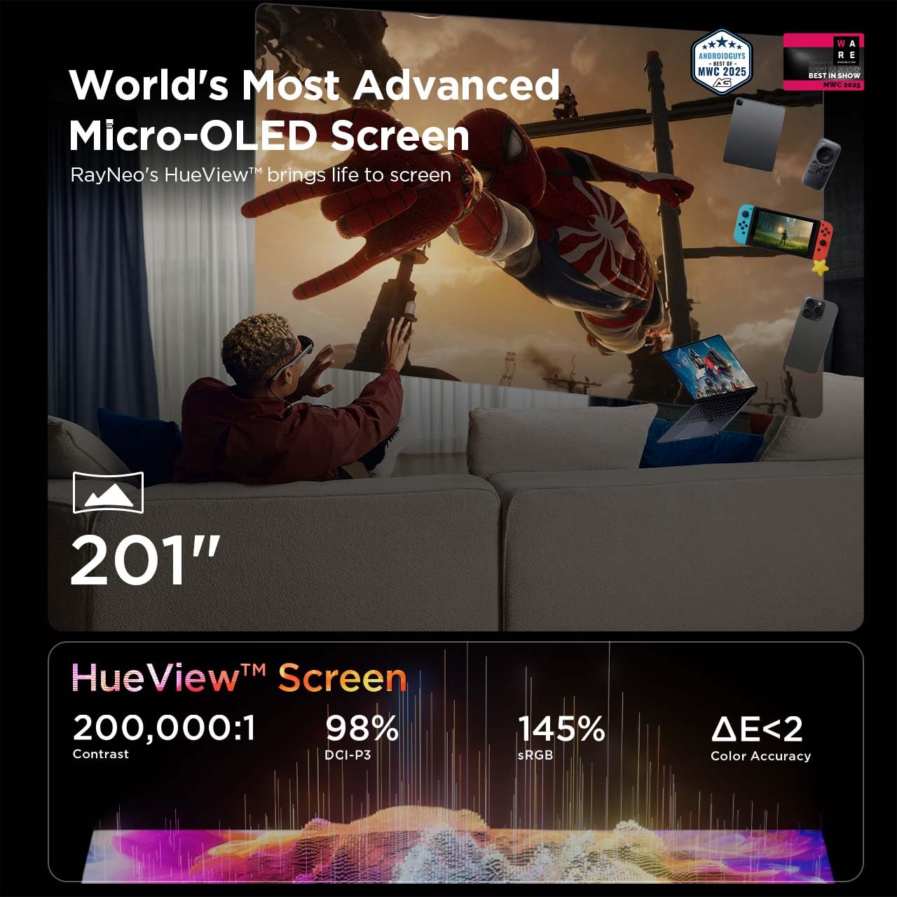 RayNeo Air 3s AR/XR Glasses, 201" 120Hz FHD HueView Display, Portable AR Video Eyewear Gaming Glasses for iPhone 16/15, Android, Mac, Switch, PS5, Steam Deck - Next-Gen Wearable Theater