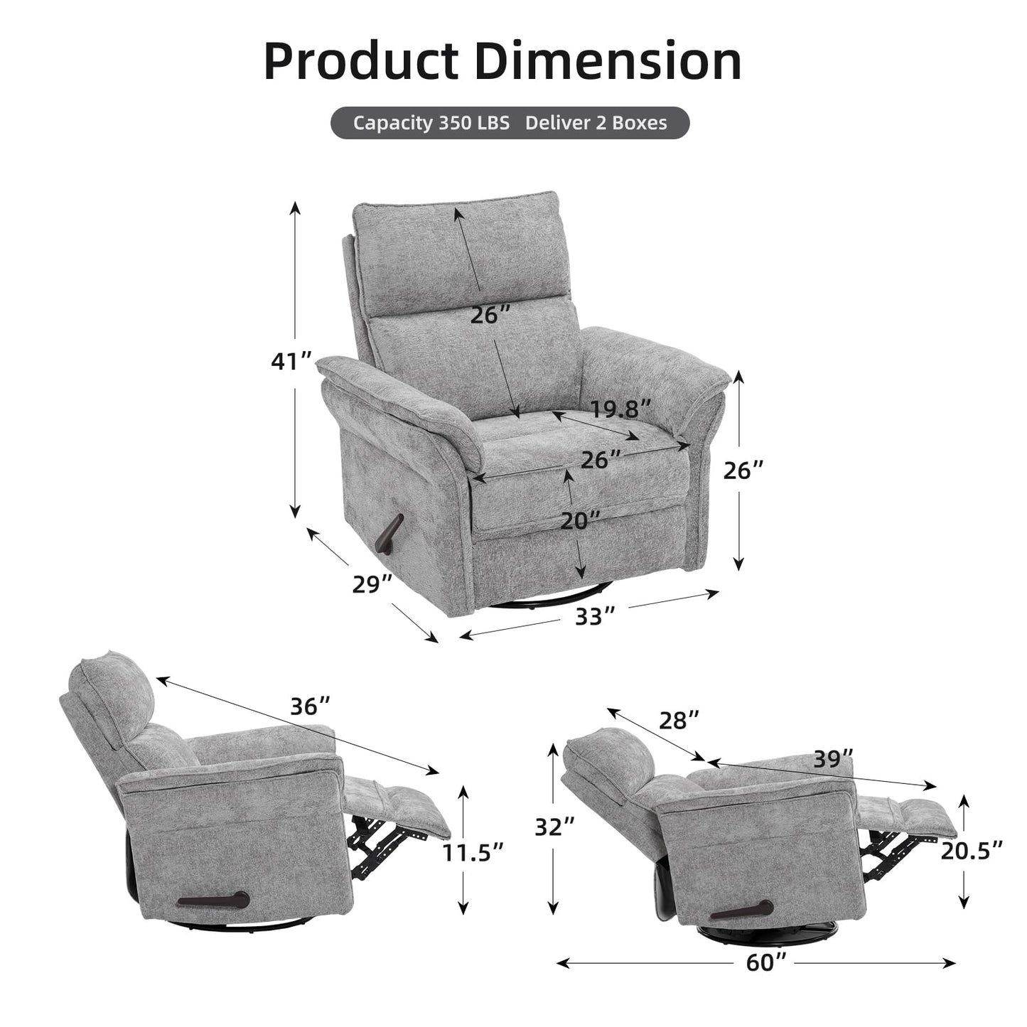 Rhevoy Oversized Glider Rocker Recliner, 26" Extra Wide 360° Swivel Nursery Recliner with Adjustable Headrest, Chenille Rocking Nursery Chair with Overstuffed Armrest, Lumbar Support, Light Grey