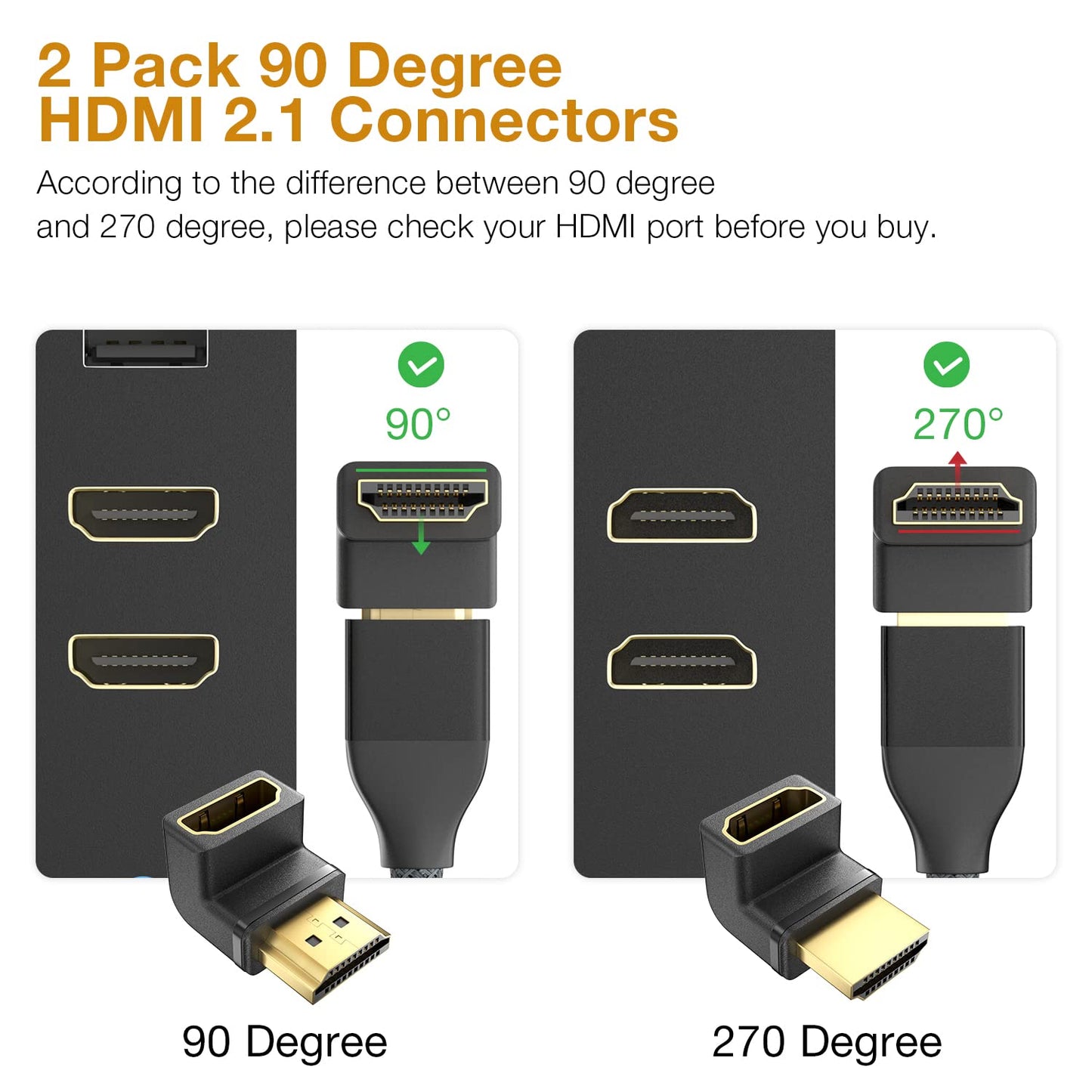 8K HDMI Extension Adapter, 2 Pack 90 Degree Right Angle HDMI 2.1 Male to Female Extender Adapter, Support 8K@60Hz, 4K@144Hz, 2K@240Hz, HDR, eARC for Roku, PS4, PS5, HDTV, Xbox