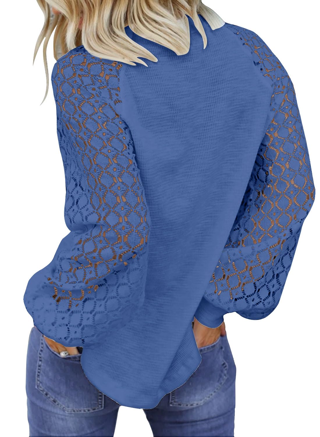 MIHOLL Women's Long Sleeve Tops Lace Casual Loose Blouses T Shirts (09 Blue, Small)
