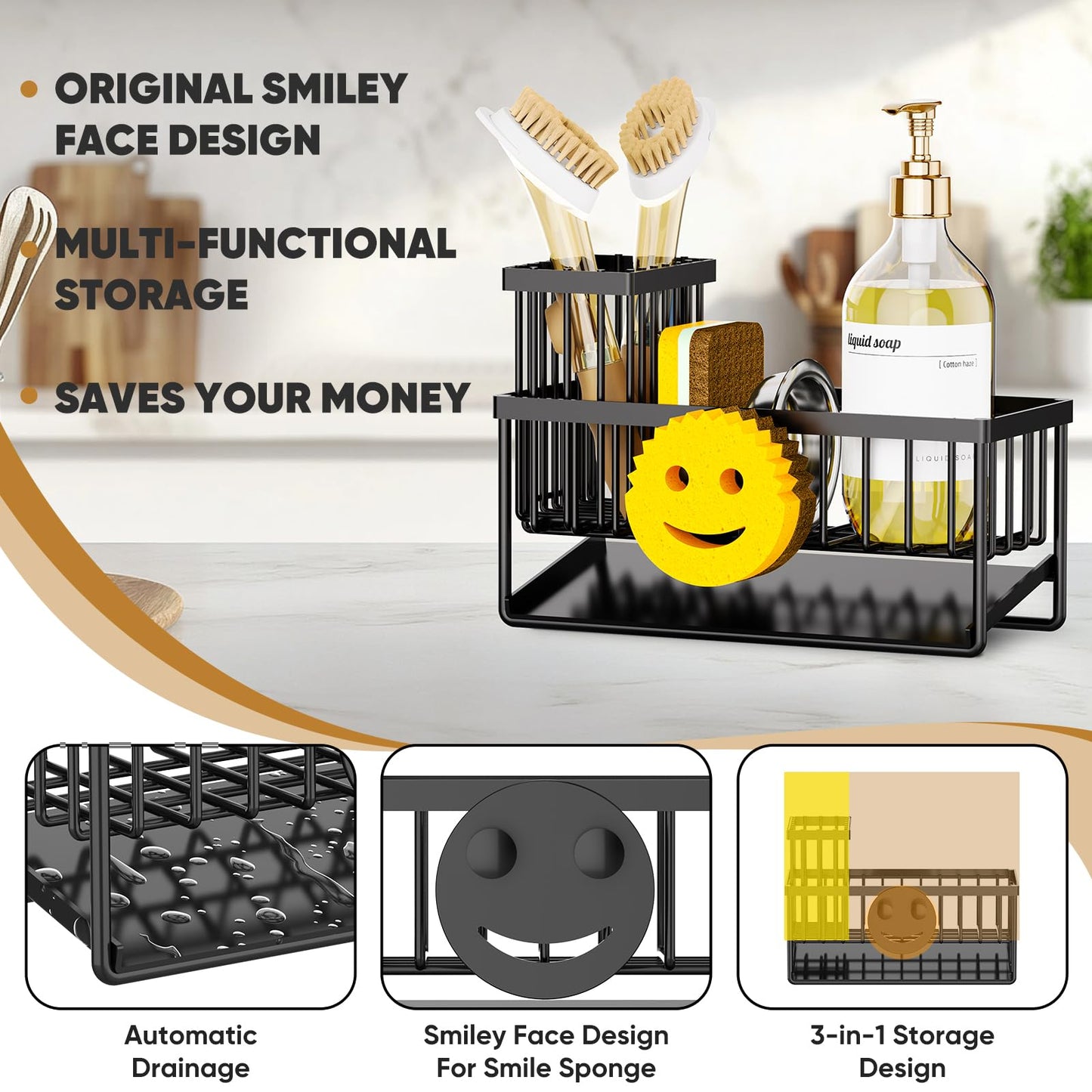Sponge Holder for Kitchen Sink,Smiley Face Sink Caddy with Removable Brush Holder,Self-Draining Sponge Caddy for Steel Wool Scrubber,Soap,Dish Brush,Scrubber,Kitchen Essentials and Gadgets