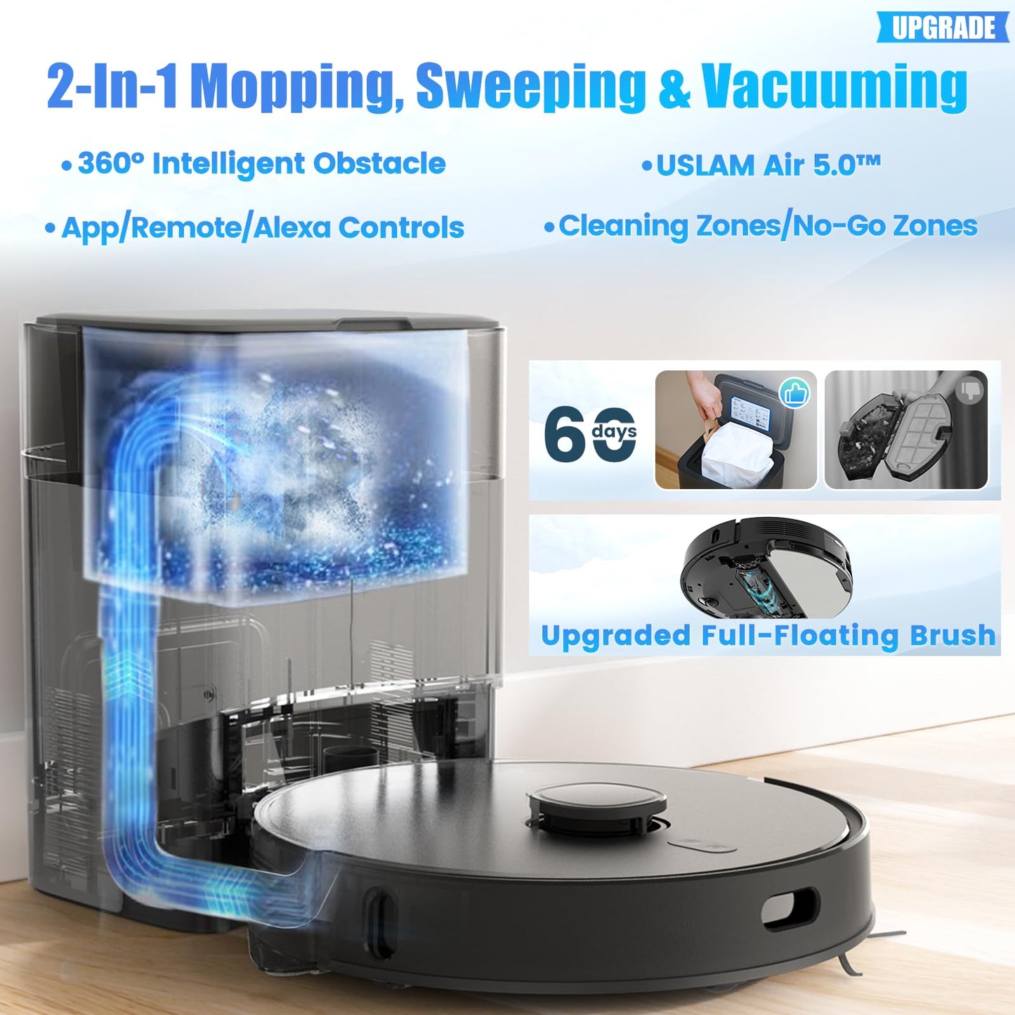 Robot Vacuum and Mop Combo, Self-Emptying, 60-Day Capacity, Schedule, 180mins Runtime, Home Mapping, Wi-Fi/App/Alexa/Remote, Robotic Vacuum Cleaner for Pet, Hard Floors, Carpet