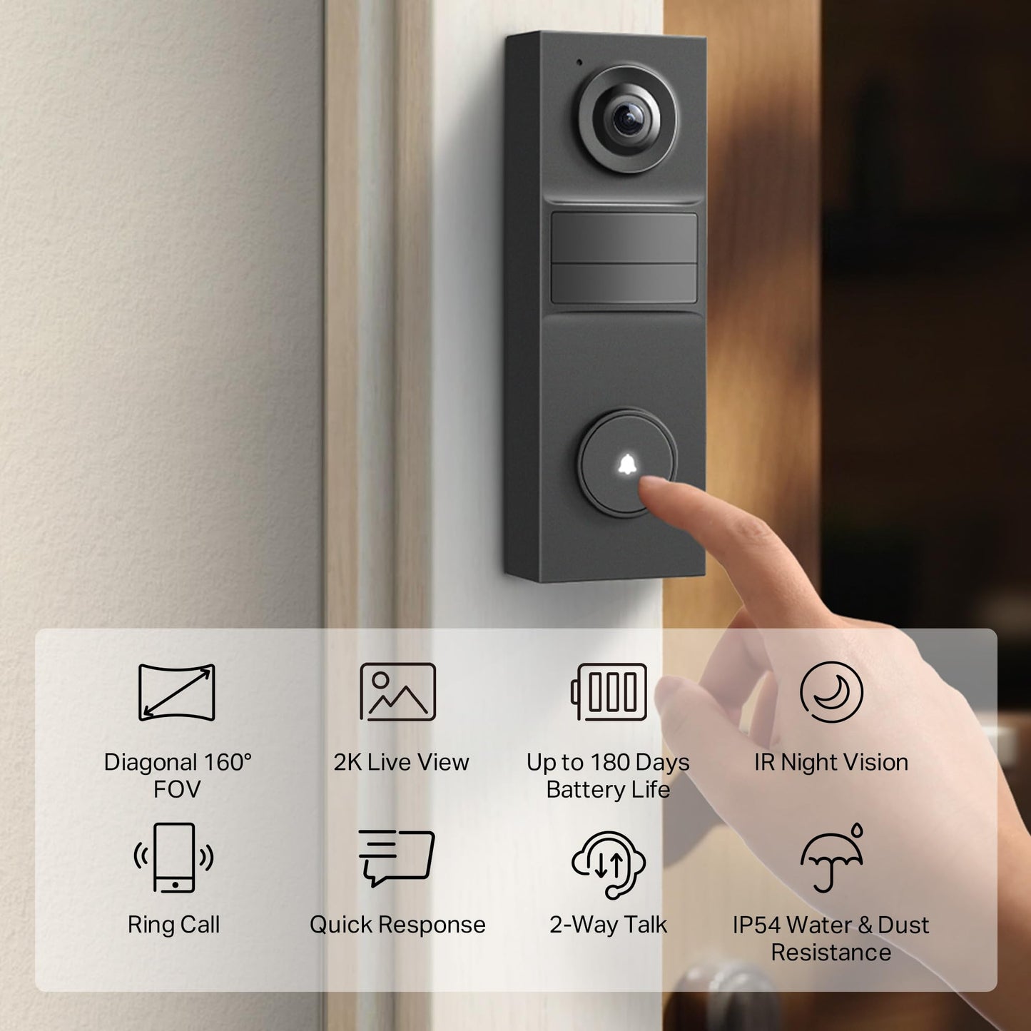 Tapo Smart Video Wireless Doorbell Camera - 2K, 160ยฐ Ultra-Wide View, Up to 180 Days Battery, HomeKit, Alexa, Google Assistant Compatible, Free AI Person Detection, IP54, SD/Cloud Storage, D205