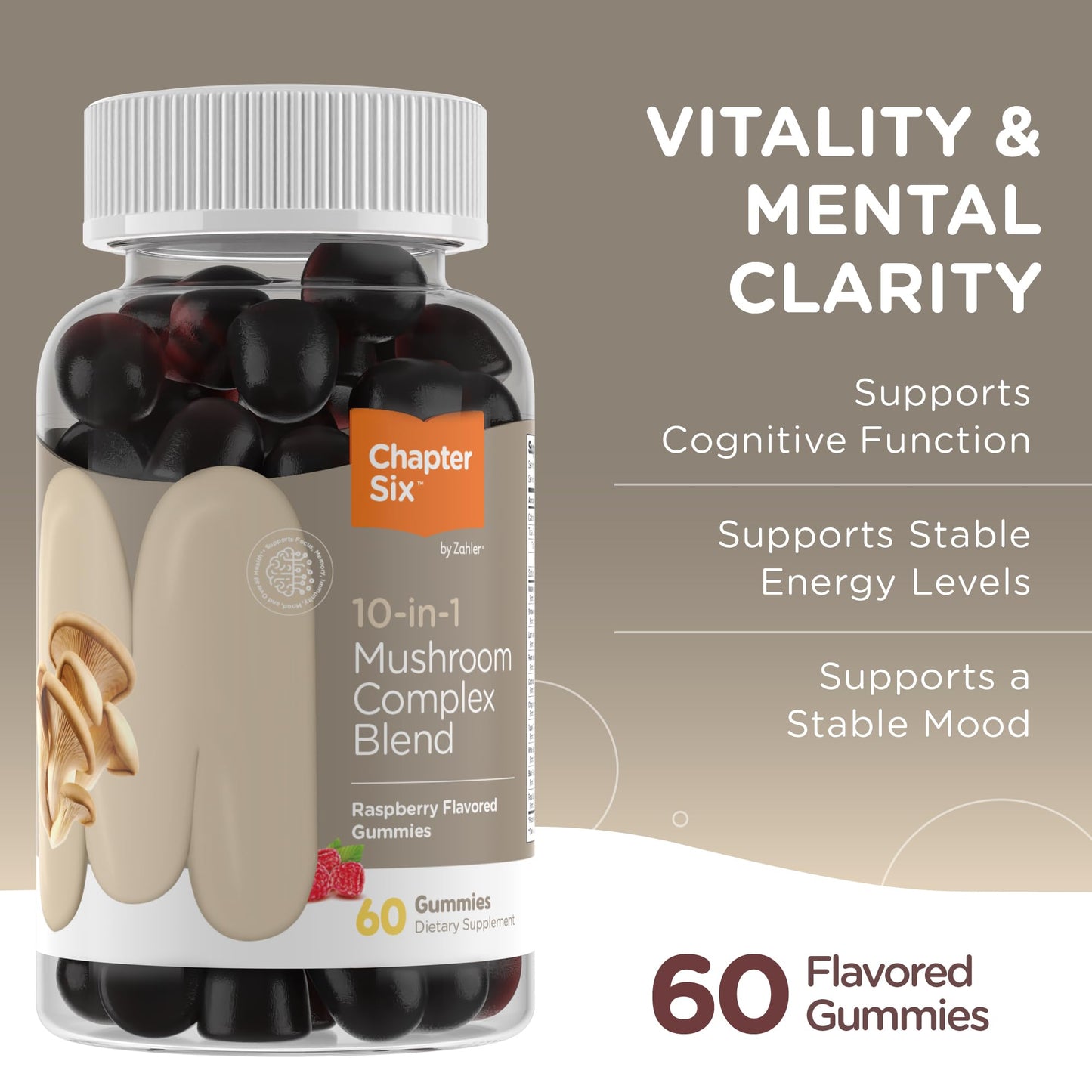 Zahler 10-in-1 Mushroom Gummies Raspberry Flavored with Lions Mane Mushroom, Reishi, Cordyceps, White Button, Plus 6 Adaptogenic Mushrooms (60)