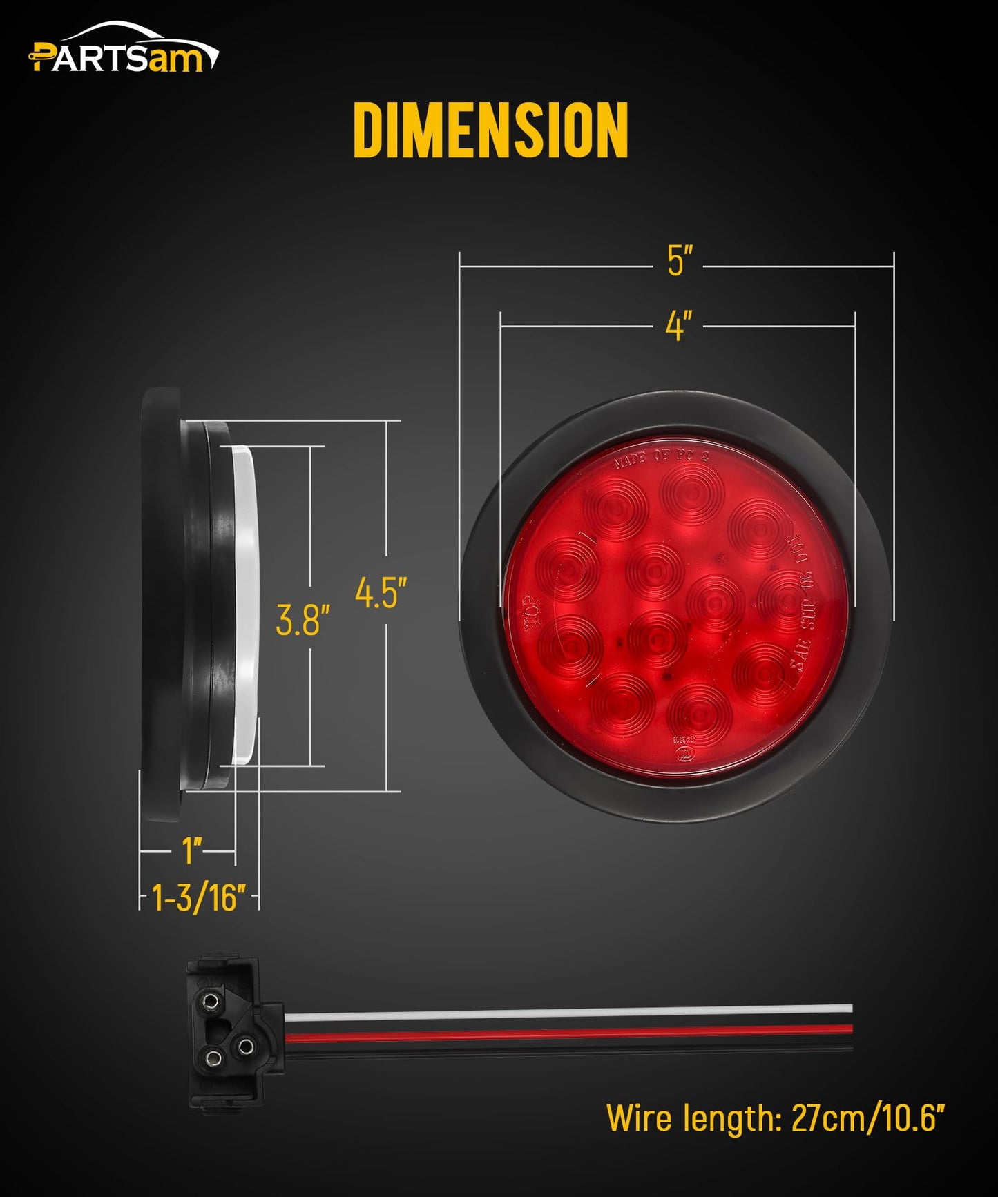 Partsam 4Pcs 4 Inch Round Led Trailer Tail Lights Kit Red 12 LED Waterproof 4" Brake Stop Turn Tail Marker Trailer Lights Sealed Flush Mount for Truck RV Boat UTE UTV 12V Grommet Plug Included