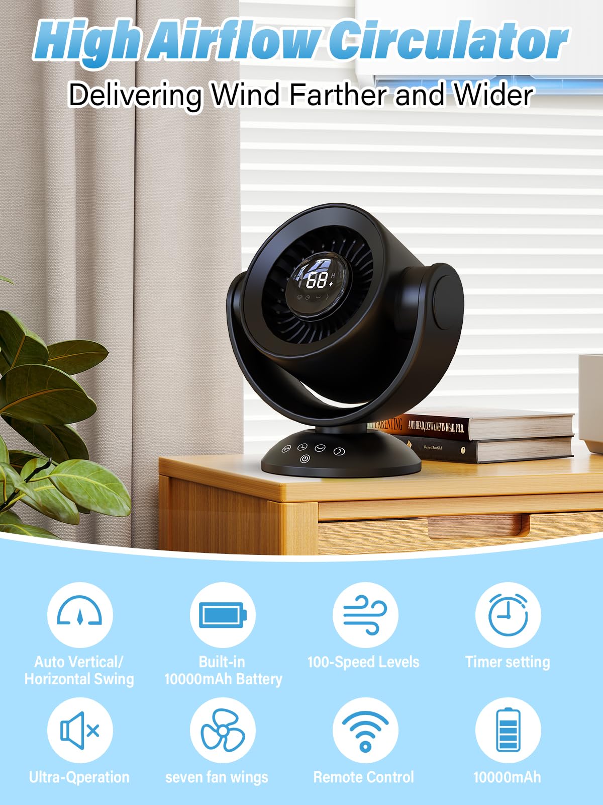 SECHKISS Desk Fans for Bedroom,9-Inch Air Circulator Fan,90°Vertical +120°Auto Oscillating,100 Speeds, 10H Timer, Quiet Fan,Digital Display Rechargeable USB, with Remote, for Home, Office(Black)
