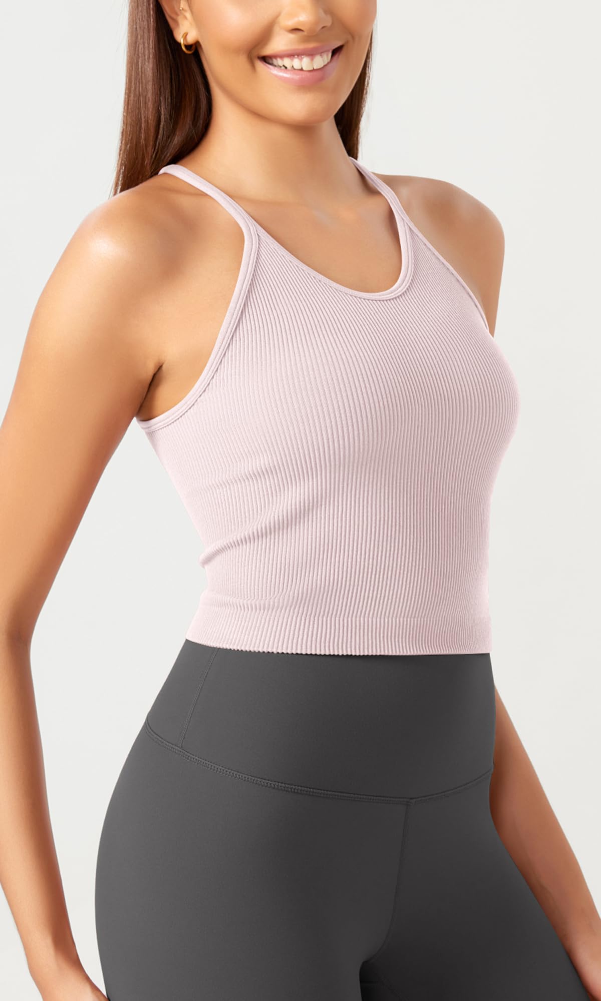ODODOS Women's Crop Camisole 3-Pack Washed Seamless Rib-Knit Crop Tank Tops, Long Crop, Pink Lace Violet Iceberg, X-Large/XX-Large