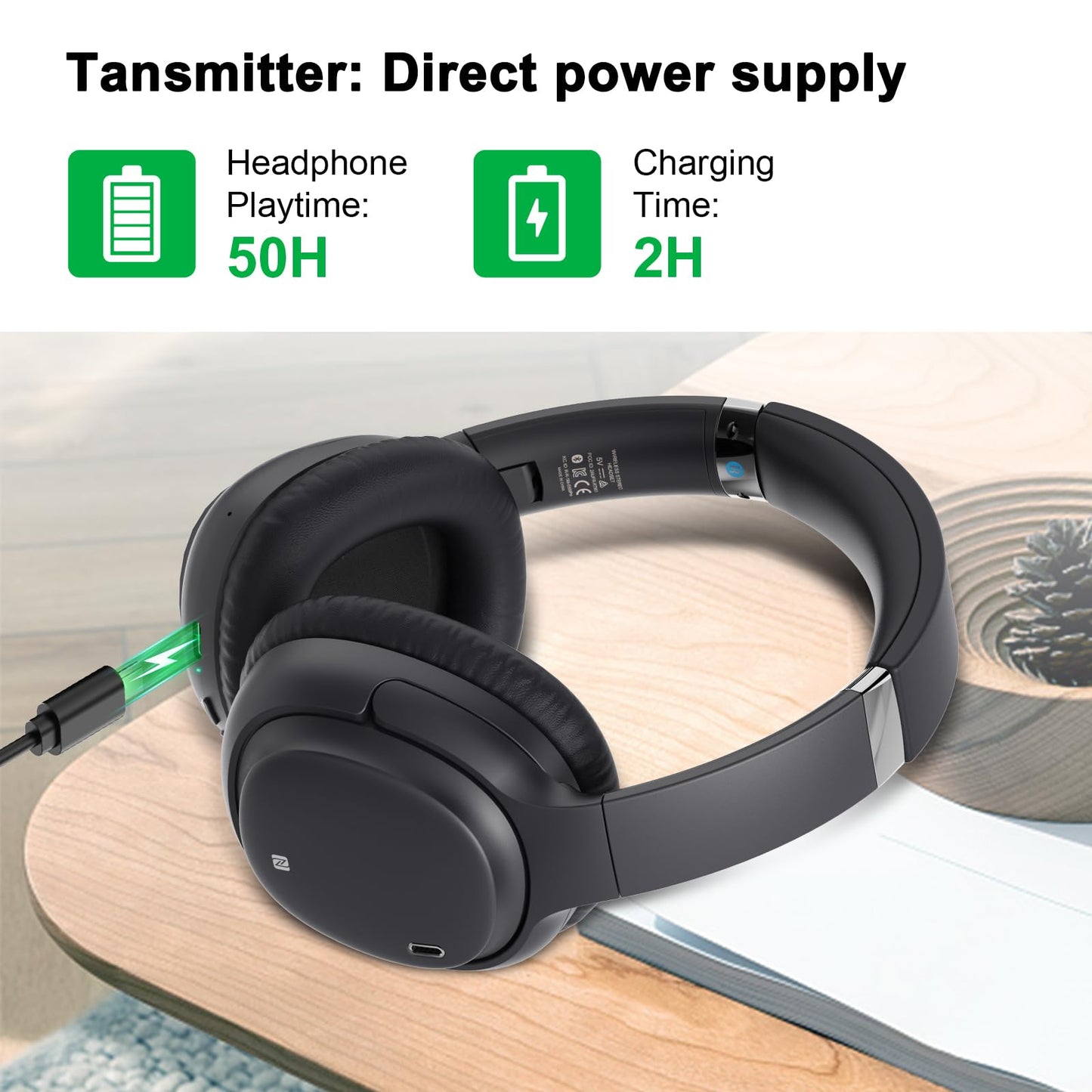 Soundodo TV Headphones Wireless,Wireless Headphones for tv Watching,Bluetooth Headphones with Transmitter with Optical,RCA,AUX,Plug n Play,50H Playtime,No Delay,Dual Link,165ft Long Range